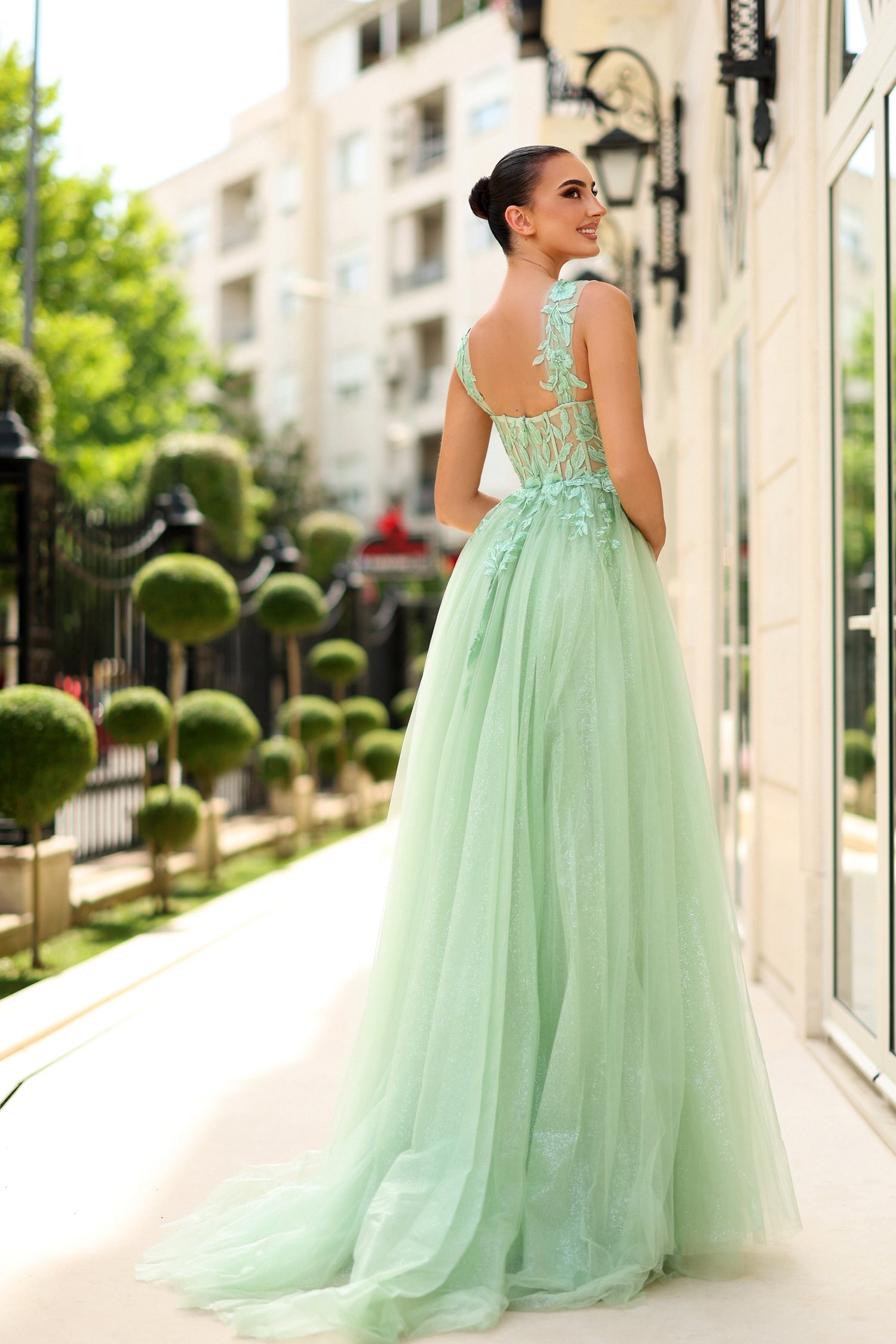 TINA HOLLY COUTURE TW500 elegant lace corset prom gown in soft green, perfect for formal events, Brisbane to Gold Coast, Australia.