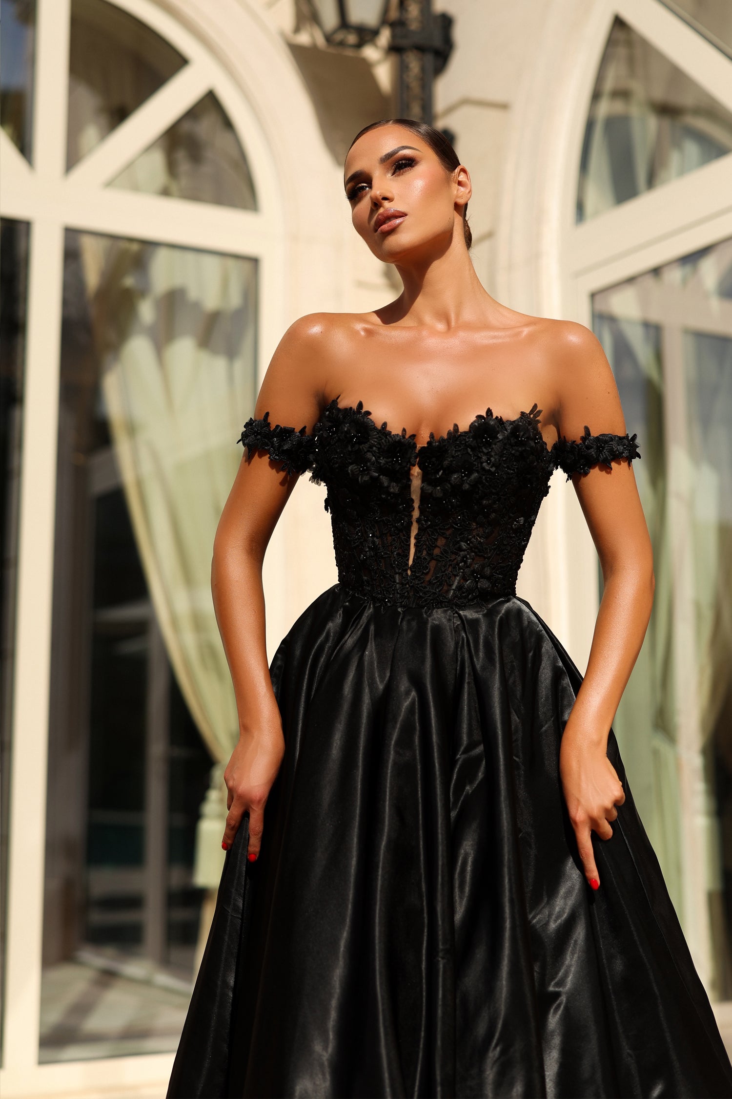 TINA HOLLY COUTURE TK584 Off Shoulder Beaded Lace Prom Gown, black with floral appliques, Brisbane to Gold Coast