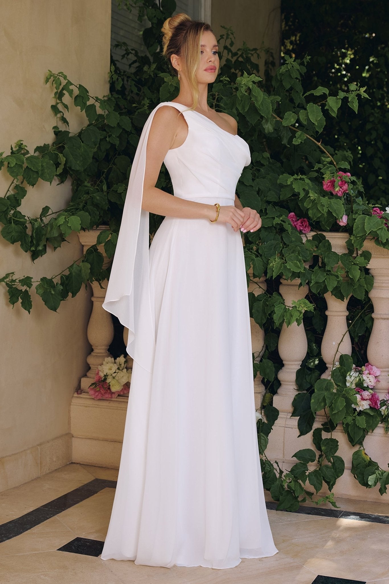 TRISHA One - Shoulder Chiffon A - Line Affordable Wedding Gown in Australia | One Honey Boutique