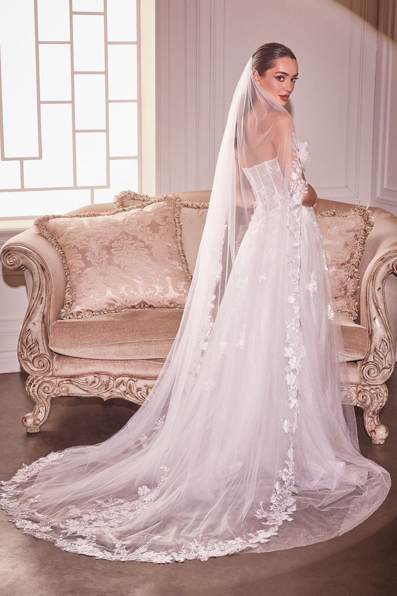Seville Off White Beaded Floral Edge Chapel Wedding Bridal Veil for affordable bridal elegance, 90" tulle veil with floral design.