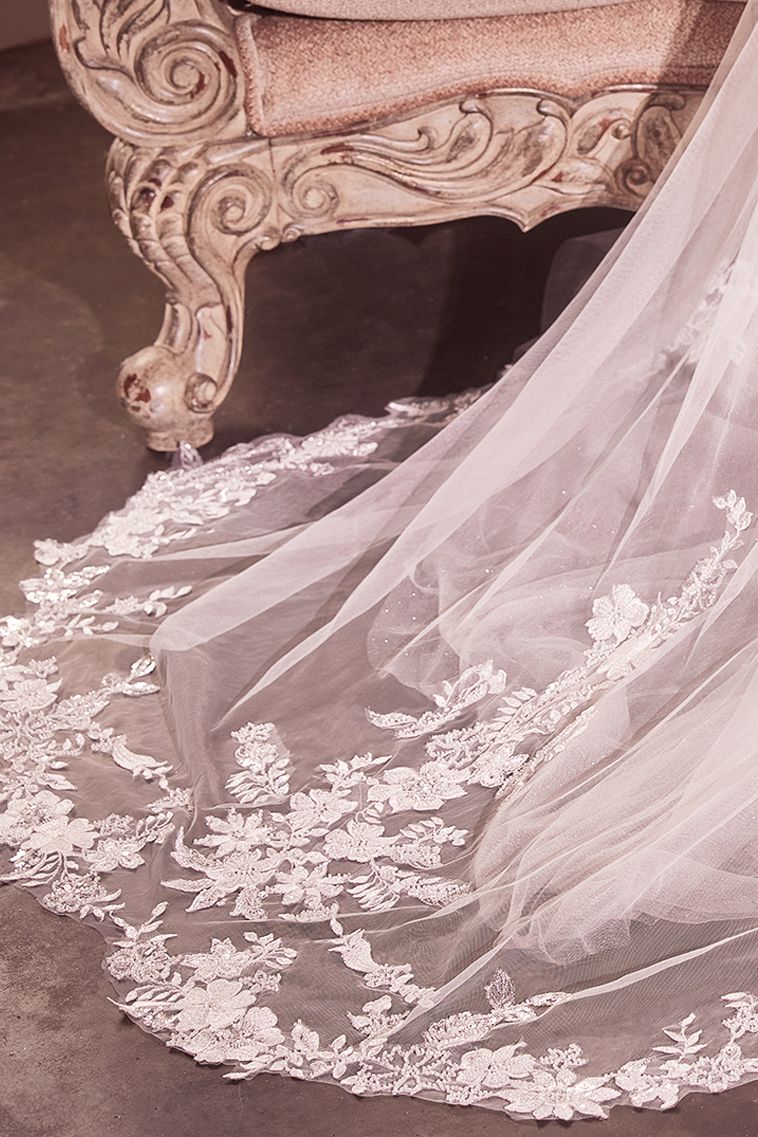 SEVILLE OFF WHITE BEADED FLORAL EDGE CHAPEL WEDDING BRIDAL VEIL - Affordable bridal elegance with beaded floral detailing.