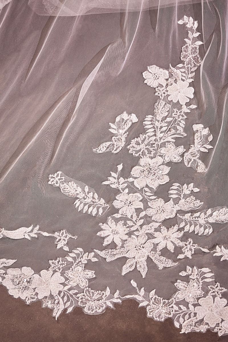 SEVILLE Off White Beaded Floral Edge Chapel Wedding Veil, affordable bridal accessory, elegant soft tulle with floral detailing.