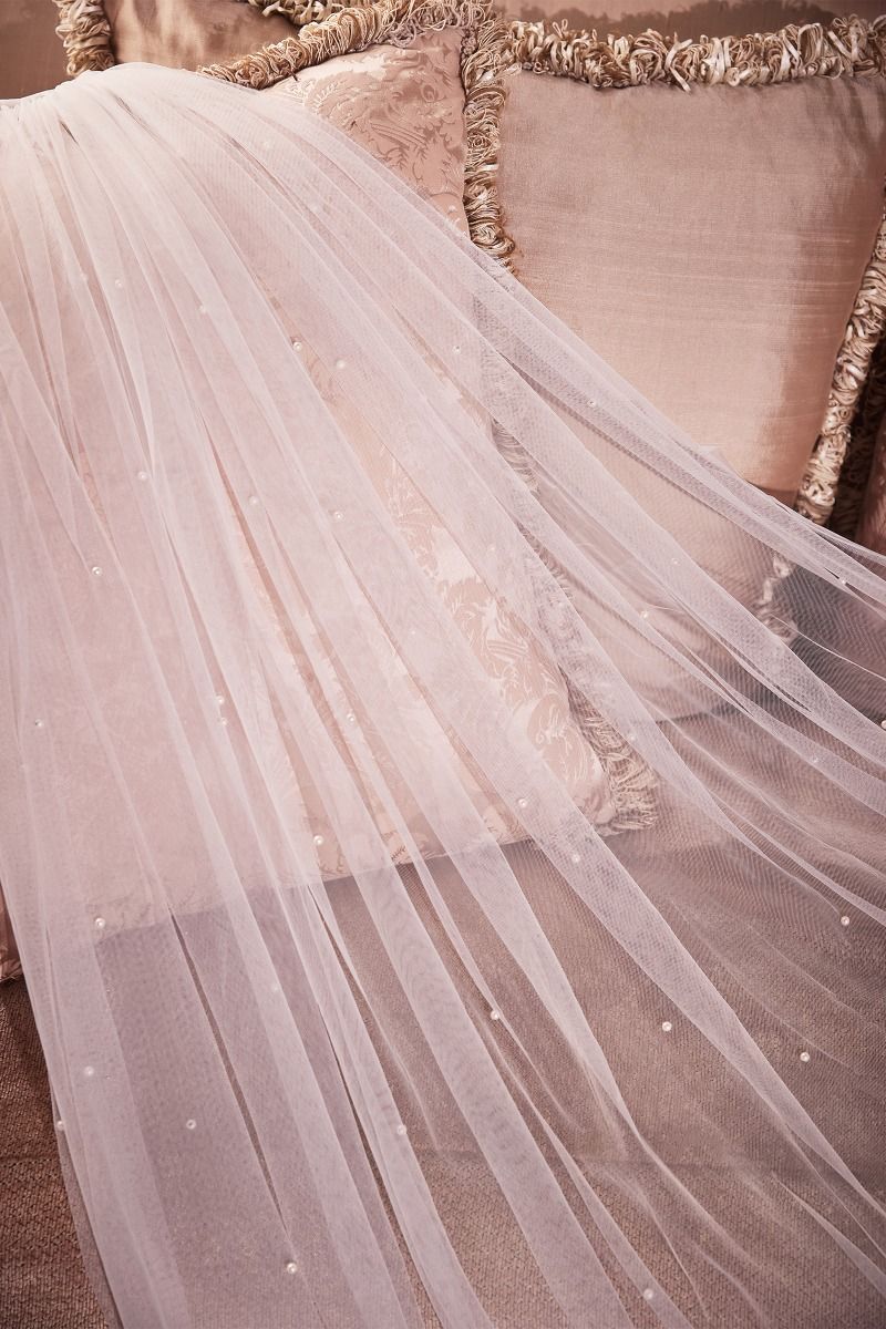 PRAGUE Pearl Drop Royal Length Wedding Veil in Off White, an elegant affordable bridal accessory from Divinity Bridal.
