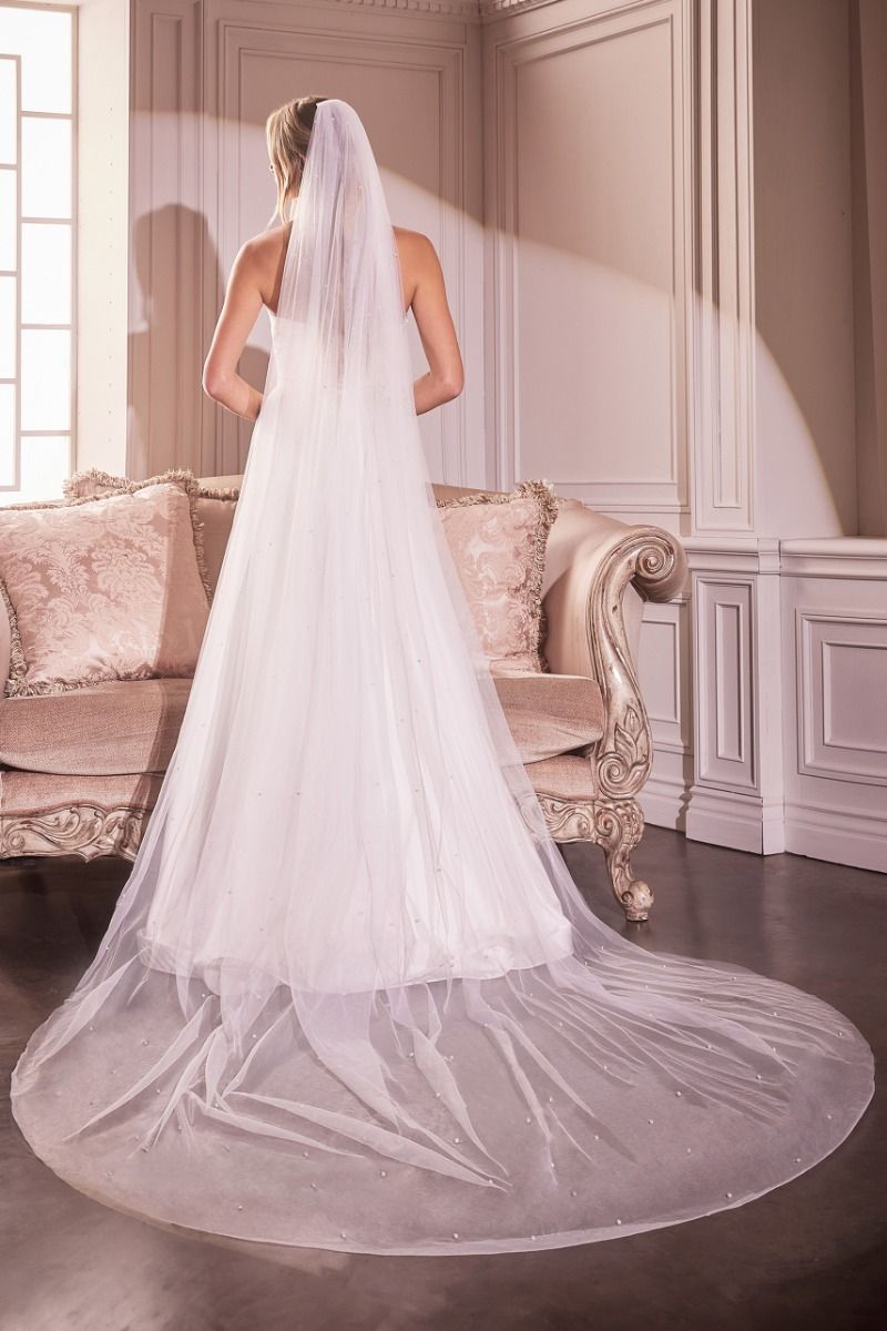 PRAGUE Pearl Drop Feature Off White Royal Length Wedding Bridal Veil, affordable bridal elegance with pearl accents.