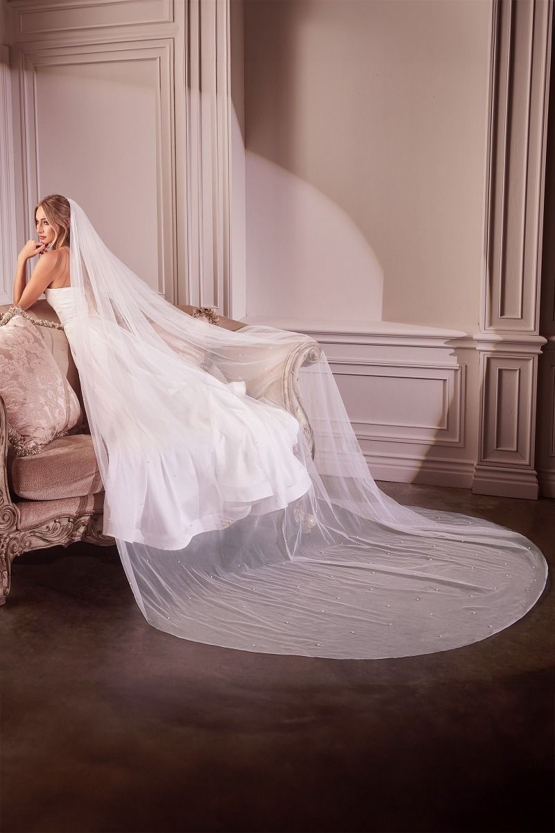 PRAGUE Pearl Drop Feature off-white royal length wedding bridal veil with elegant pearl accents, affordable bridal accessory.