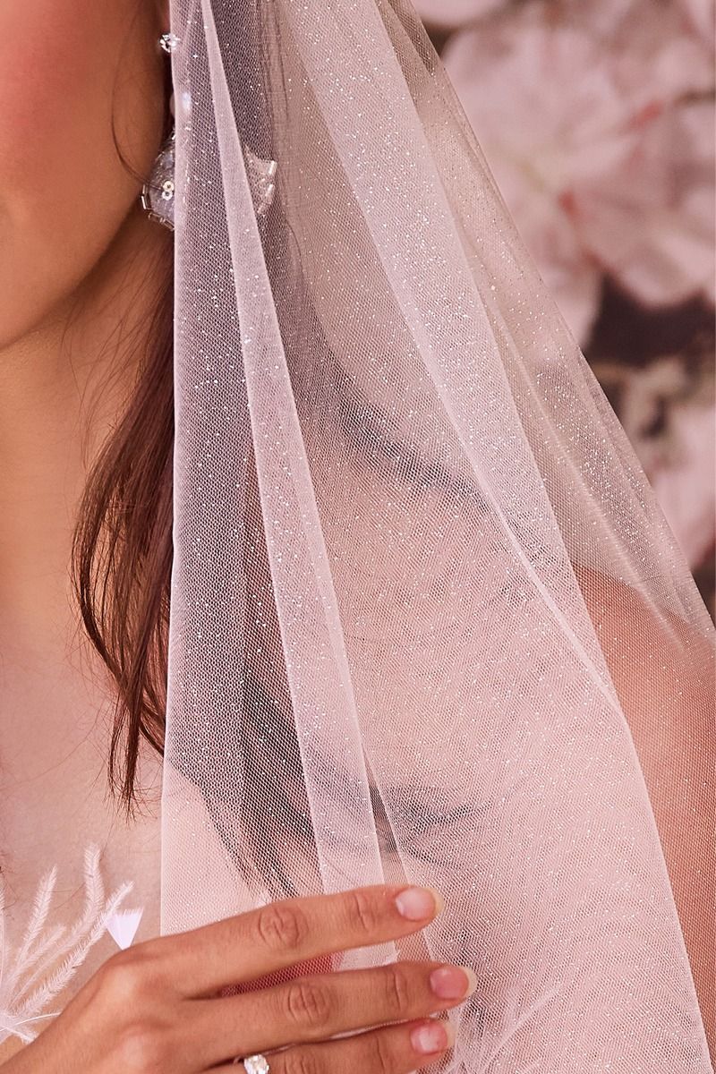 FLORENCE Cathedral Length Off White Sparkling Tulle Bridal Veil for affordable bridal wear, enhancing wedding dress elegance.