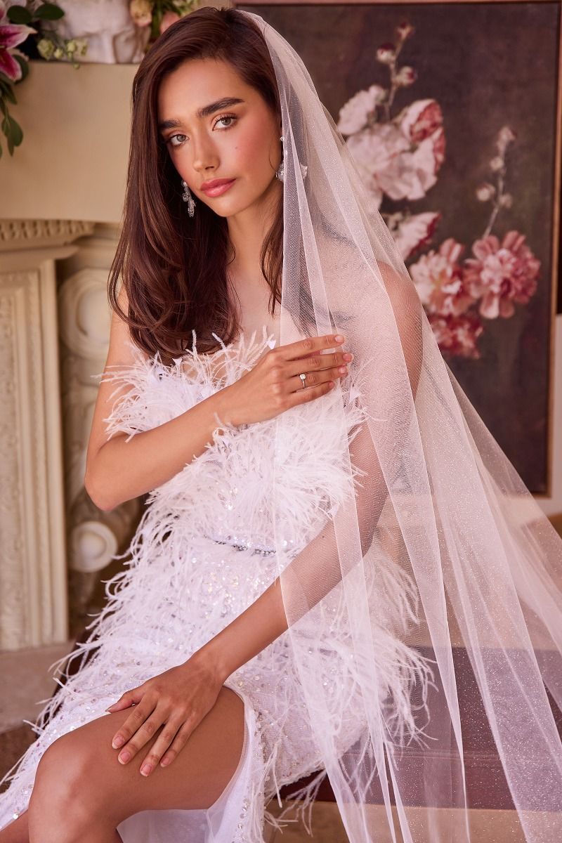 Model wearing FLORENCE Cathedral Length Off White Sparkling Tulle Bridal Veil, affordable bridal accessory with elegant shimmer.