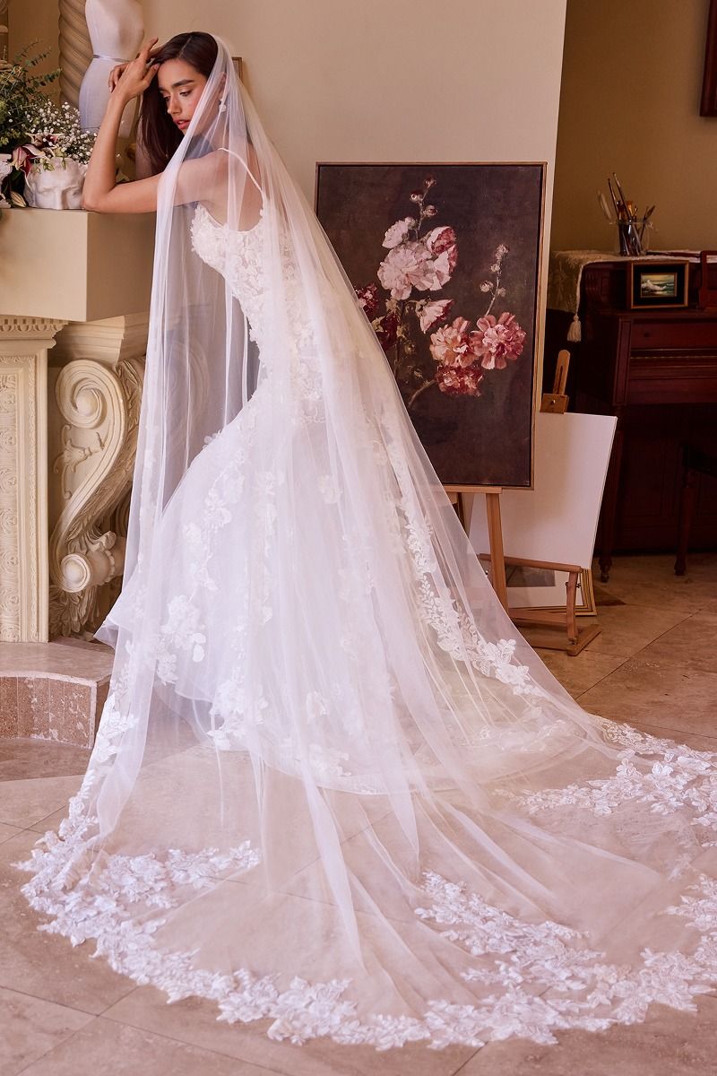 SANTORINI Floral Scalloped Lace Royal Length Veil on model; ideal for affordable bridal, complements wedding dress; Divinity Bridal