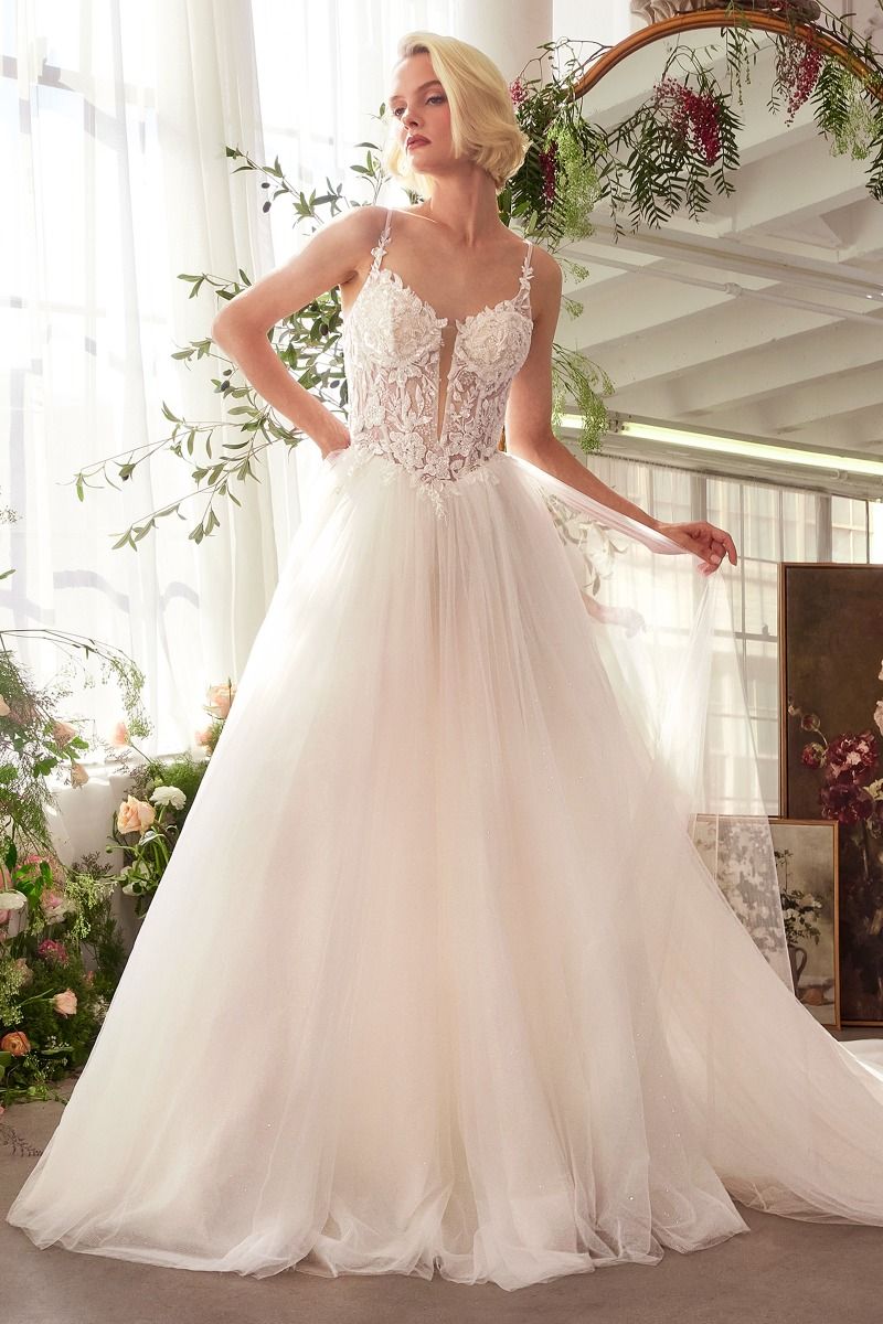Divinity Bridal BRUNA lace & tulle affordable bridal wedding dress with floral appliqué and deep V-neckline.