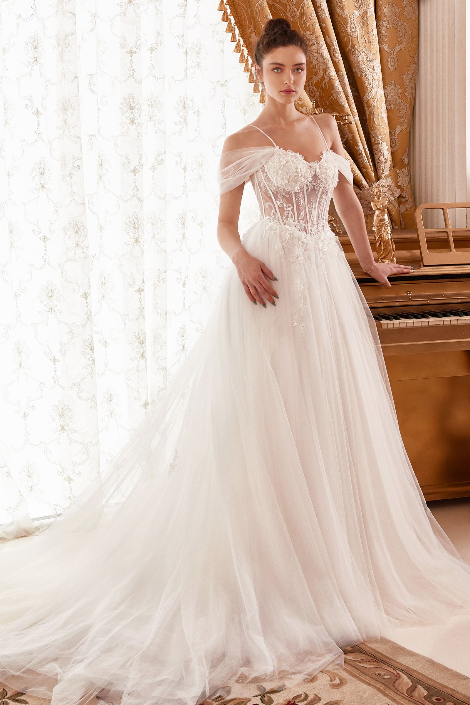 Divinity Bridal ALTHENA Floral Lace Corset Off Shoulder Ball Gown Wedding Dress, affordable bridal elegance, off-white tulle.