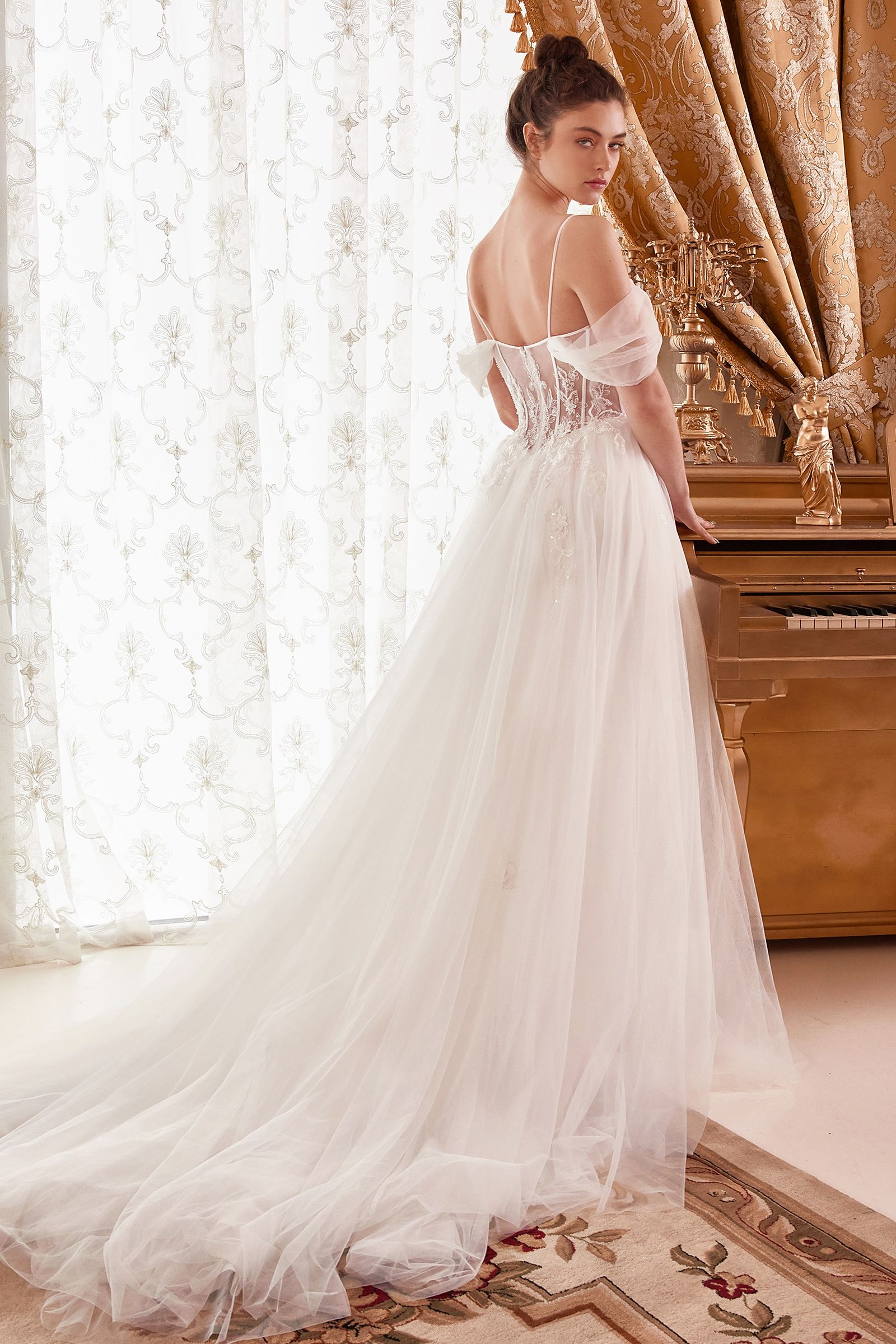 Divinity Bridal ALTHENA floral lace off-shoulder ball gown wedding dress, off-white tulle, affordable bridal elegance.