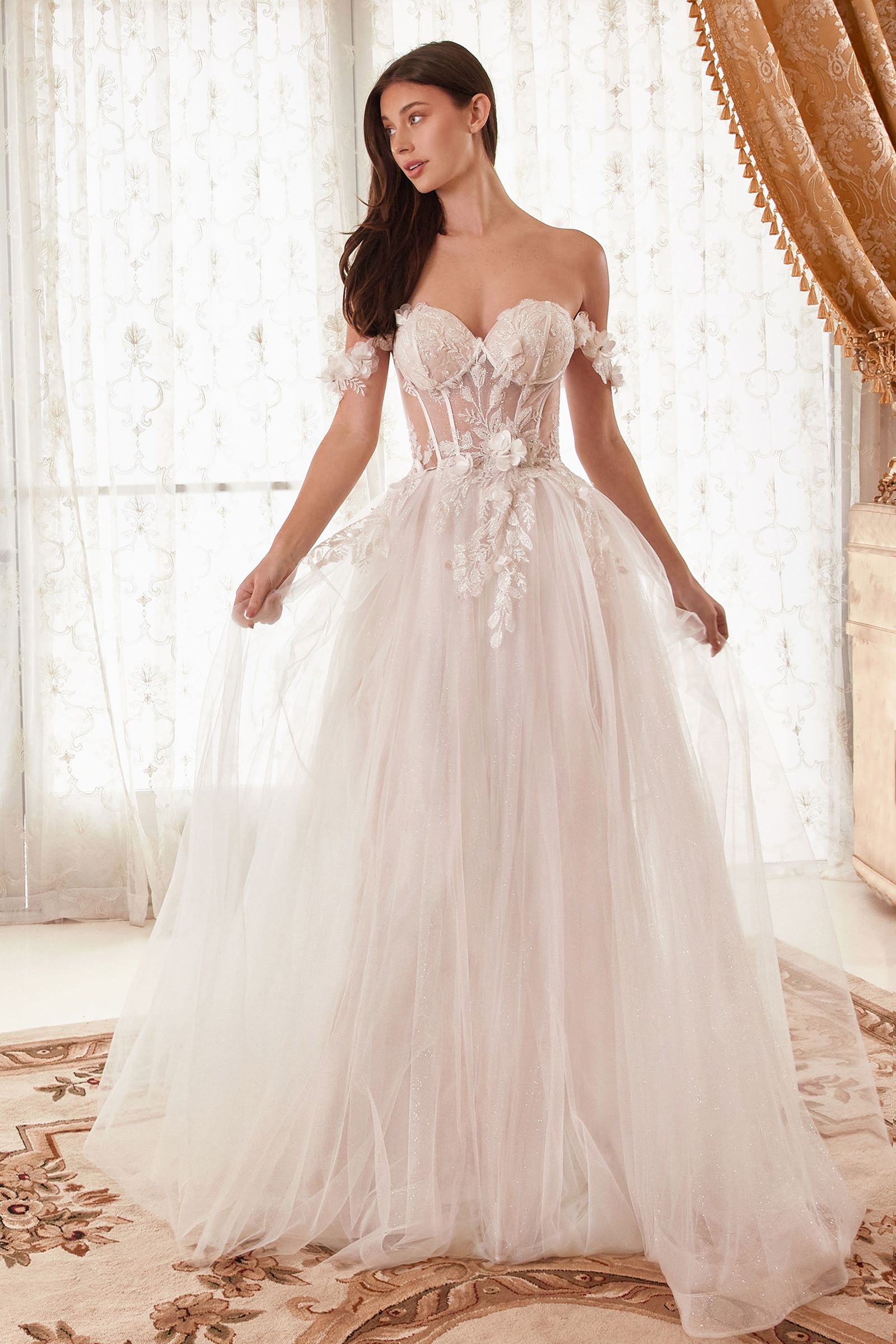 Divinity Bridal INGRID Floral Lace Corset Ball Gown Wedding Dress, elegant affordable bridal gown with floral appliques in off-white.