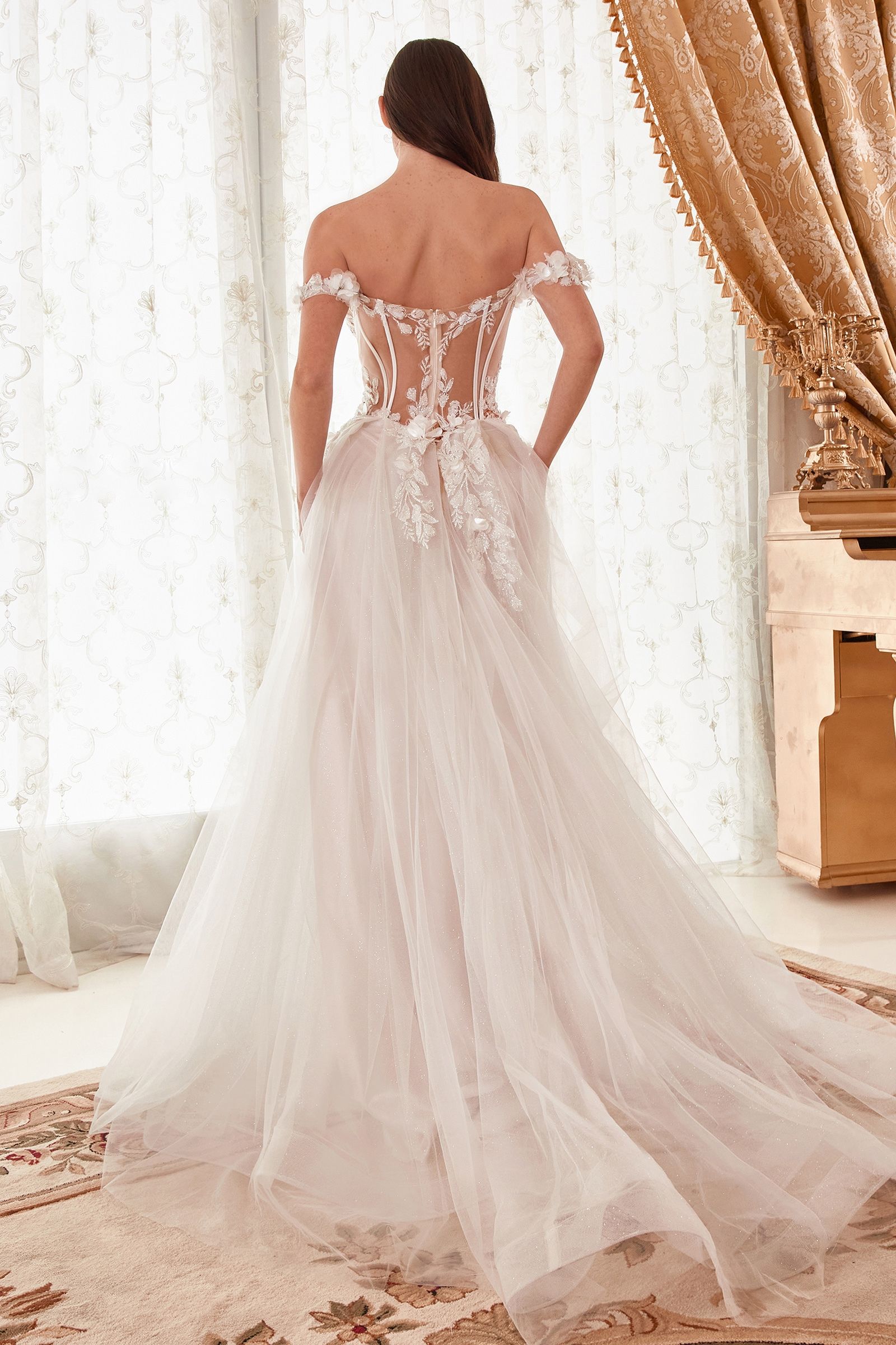 Divinity Bridal INGRID Floral Lace Corset Ball Gown Wedding Dress, affordable bridal gown with off-white floral appliques.