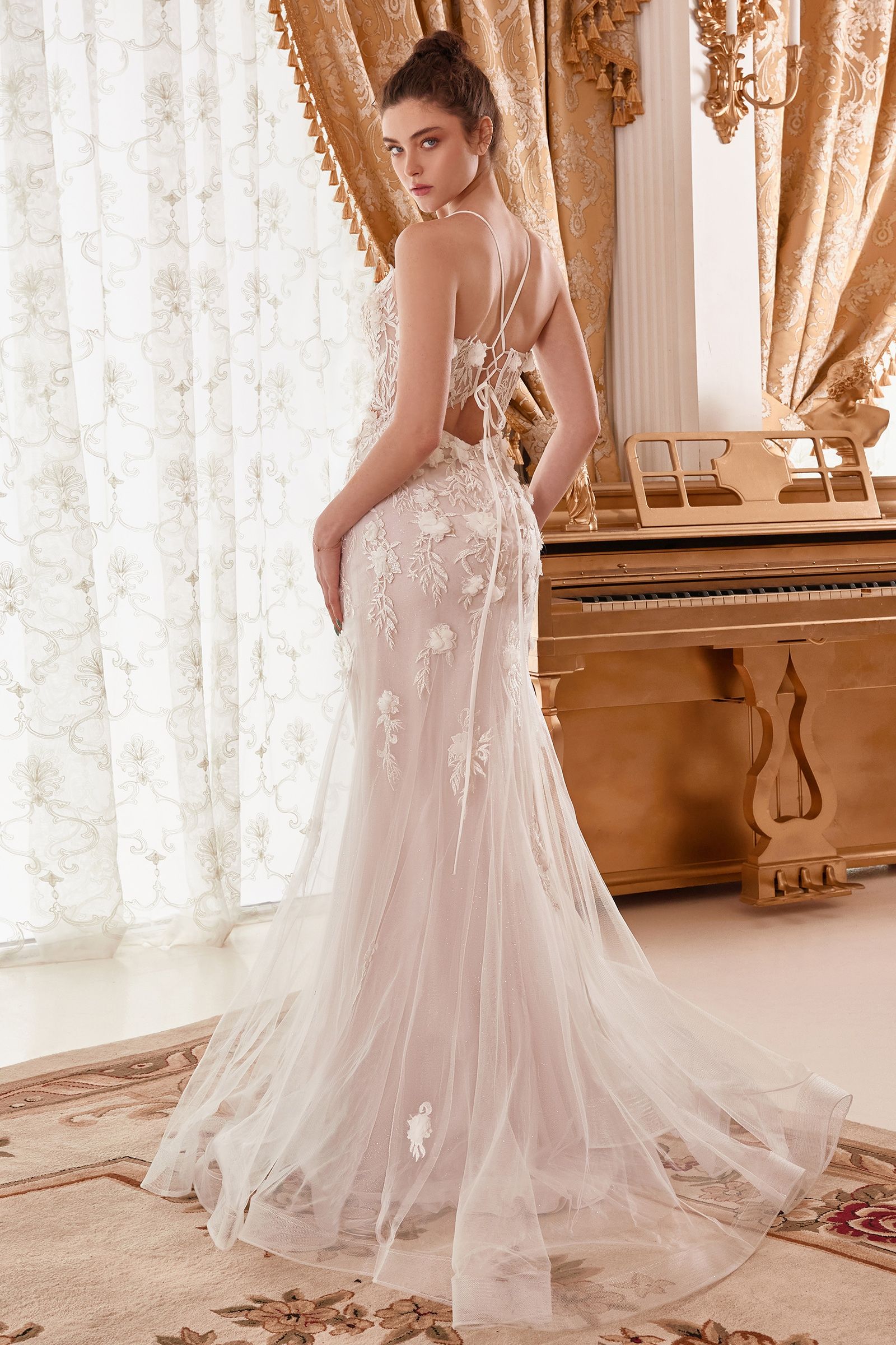 Model wearing Divinity Bridal NADIA Floral Lace Organza Overlay Wedding Dress, showcasing affordable elegance in bridal fashion.