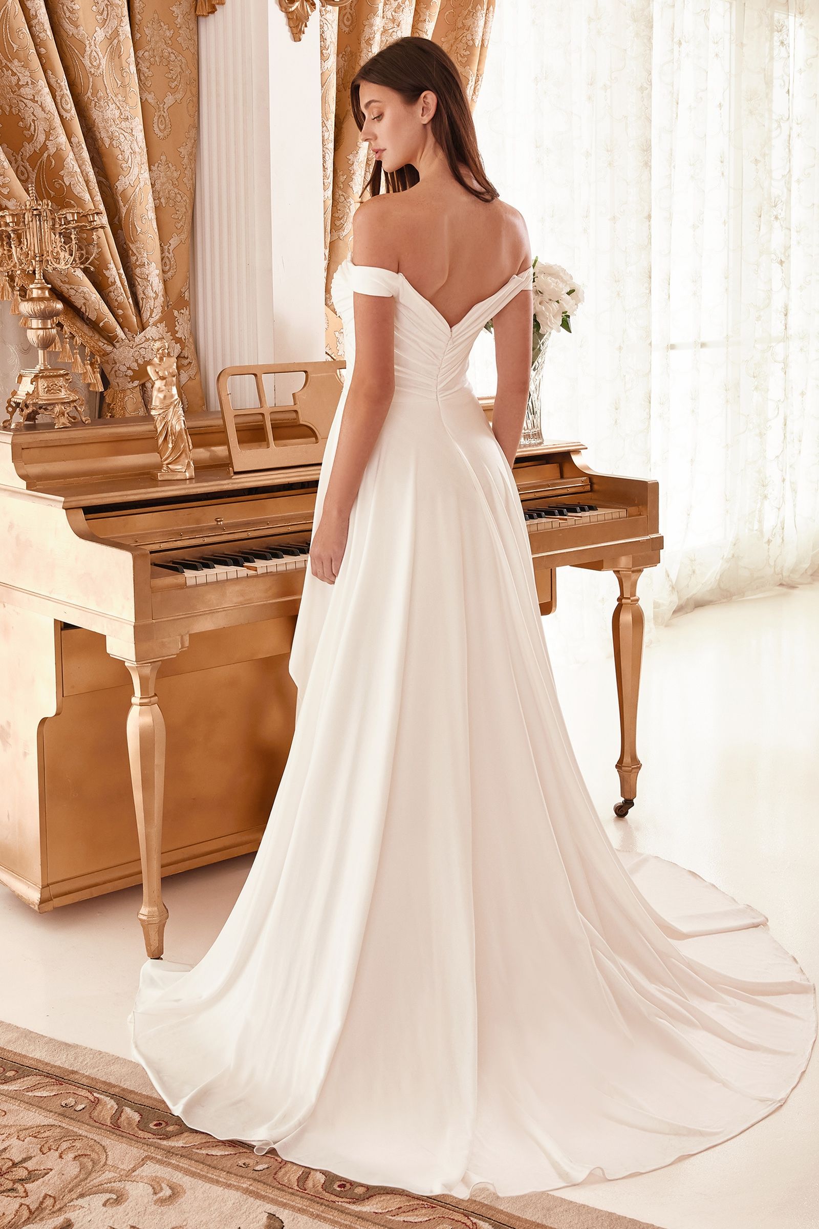 Divinity Bridal KATYA Draped Off Shoulder Wedding Dress, elegant affordable bridal gown in white satin, bridal gown Australia.