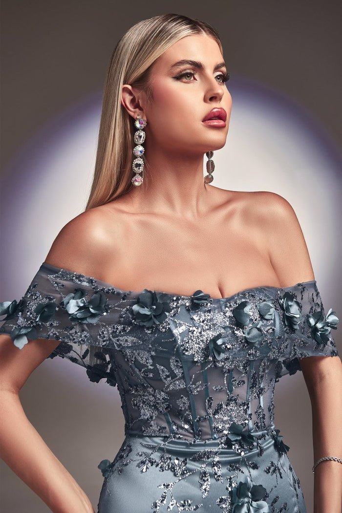 ZOA Mauve Off the Shoulder 3D Flower Glitter Mermaid Formal Dress in Australia | One Honey Boutique