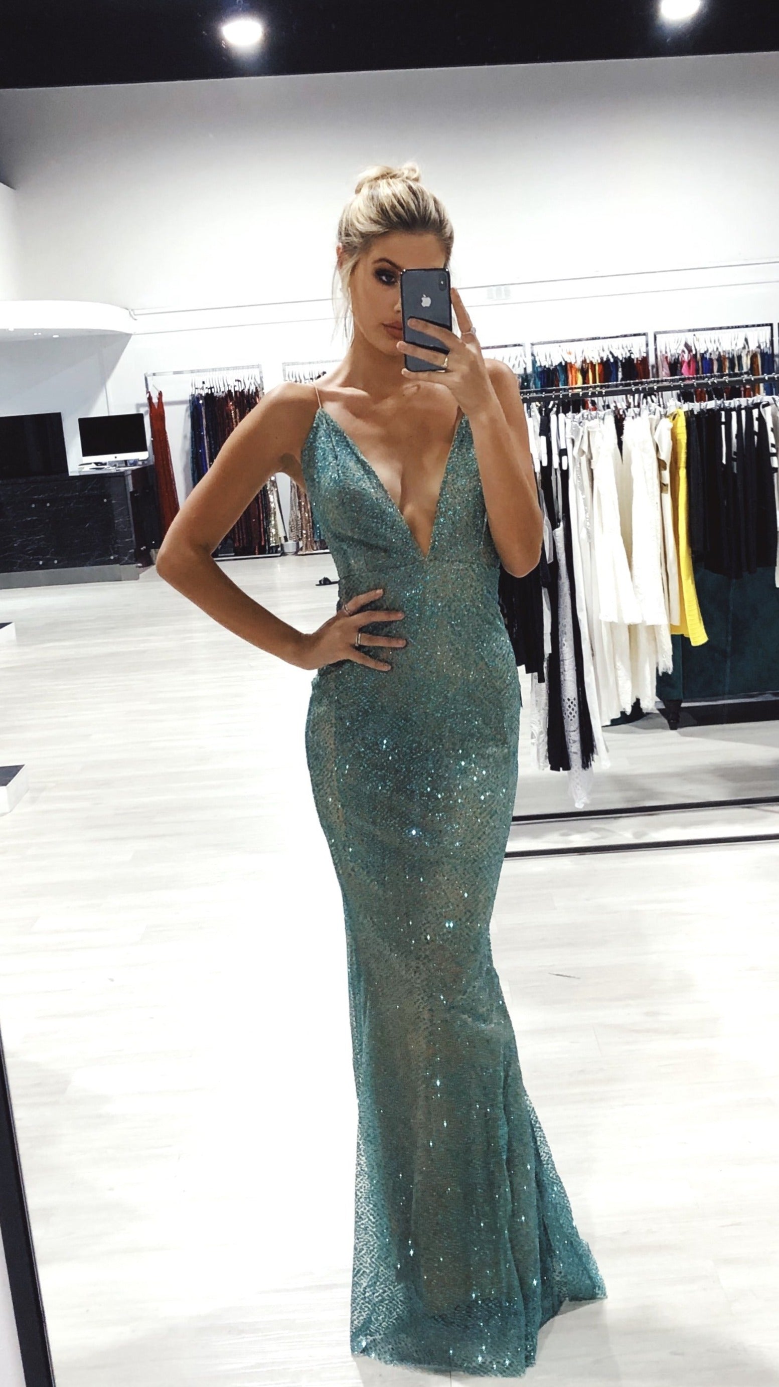 Honey Couture THESSY Green Mermaid Sequin Formal Gown Dress Honey Couture$ AfterPay Humm ZipPay LayBuy Sezzle