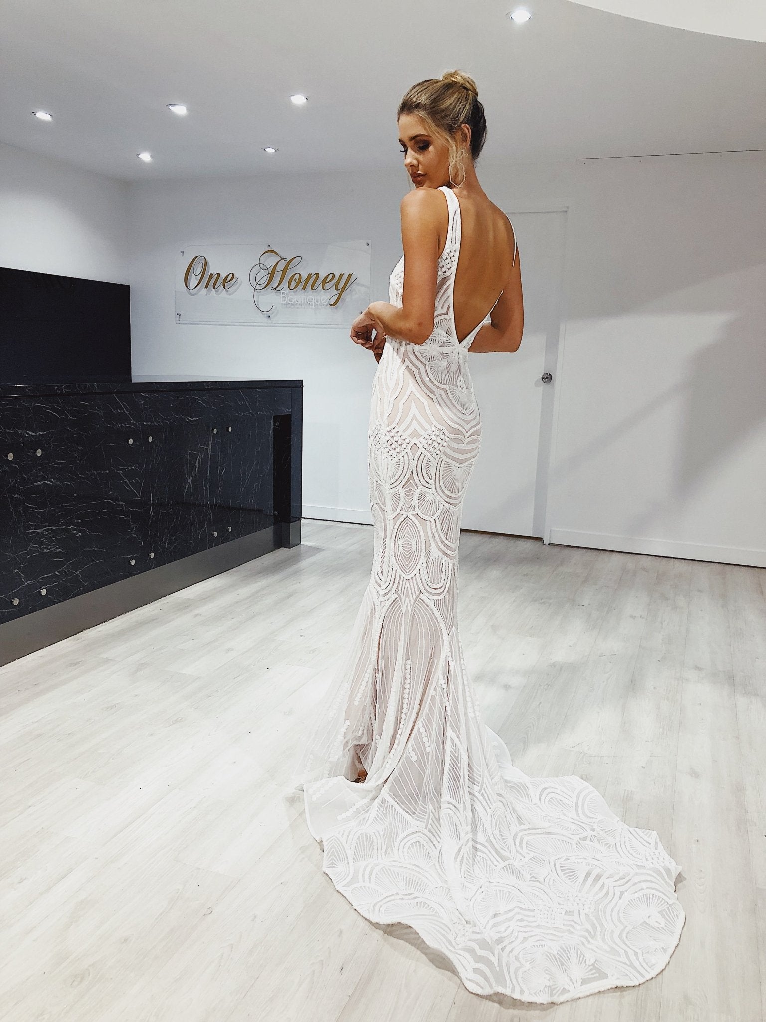 Tina Holly Couture Picasso P1732 White & Nude Sequin Mermaid Formal Gown Dress in Australia | One Honey Boutique