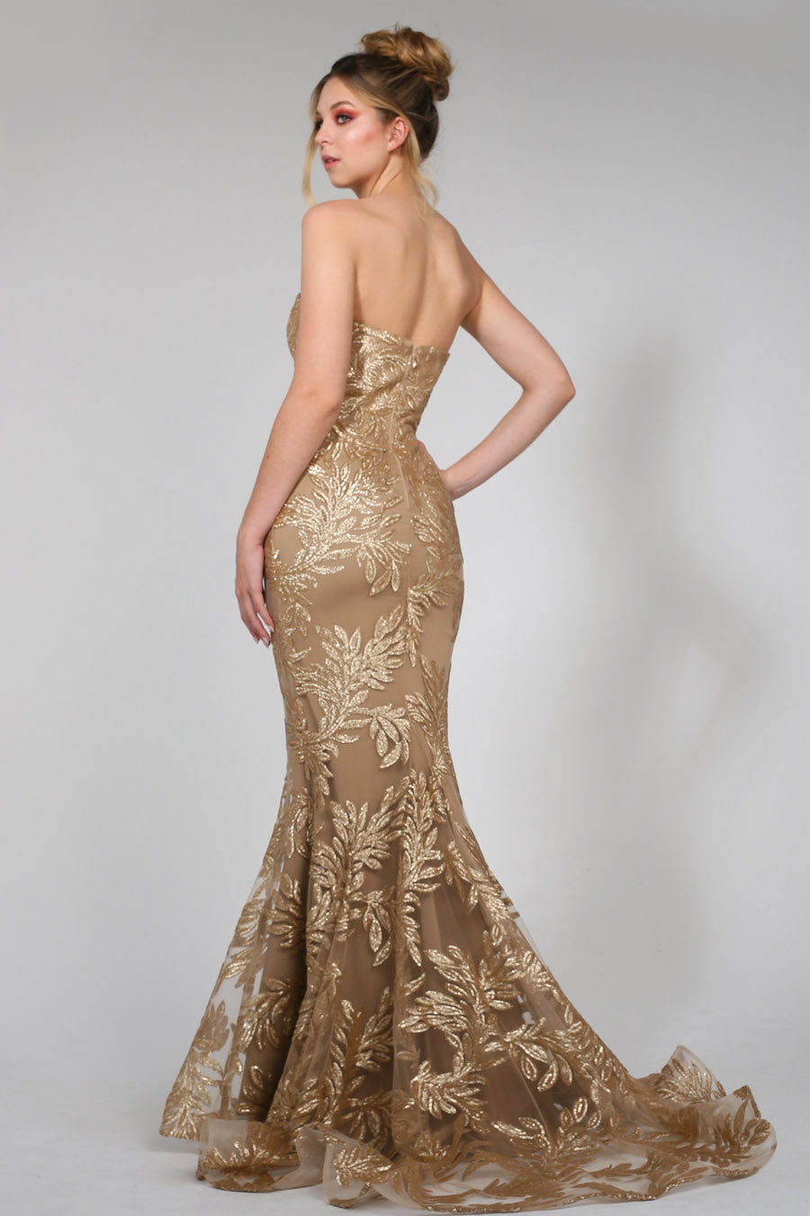 TINA HOLLY COUTURE TA107 Gold Sequin Strapless Mermaid Dress, intricate mesh design, formal gown, Brisbane to Gold Coast.