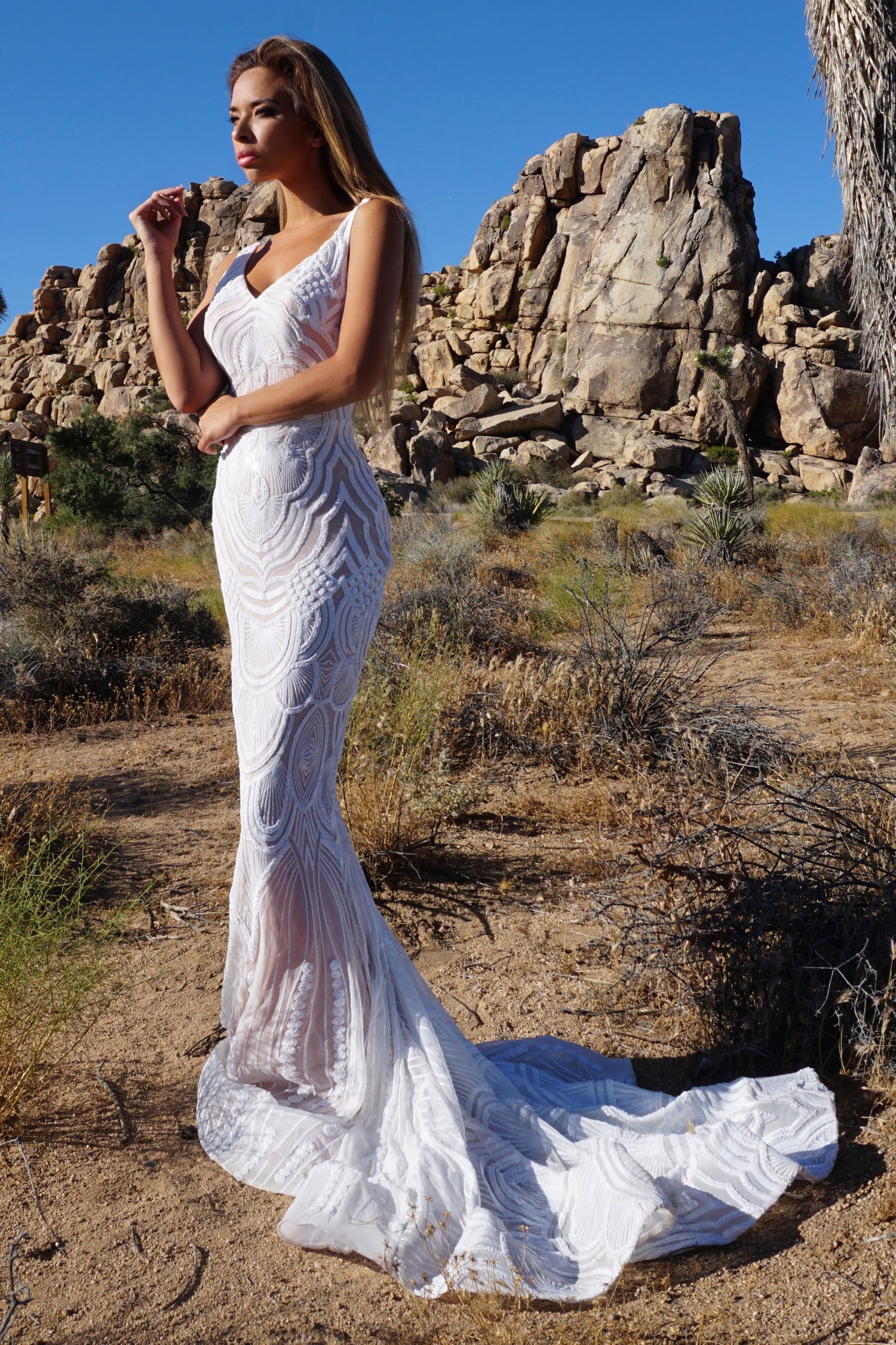 TINA HOLLY COUTURE P1732 mermaid gown; white and nude sequin, V front style; perfect for formal events; Brisbane to Gold Coast, Australia.