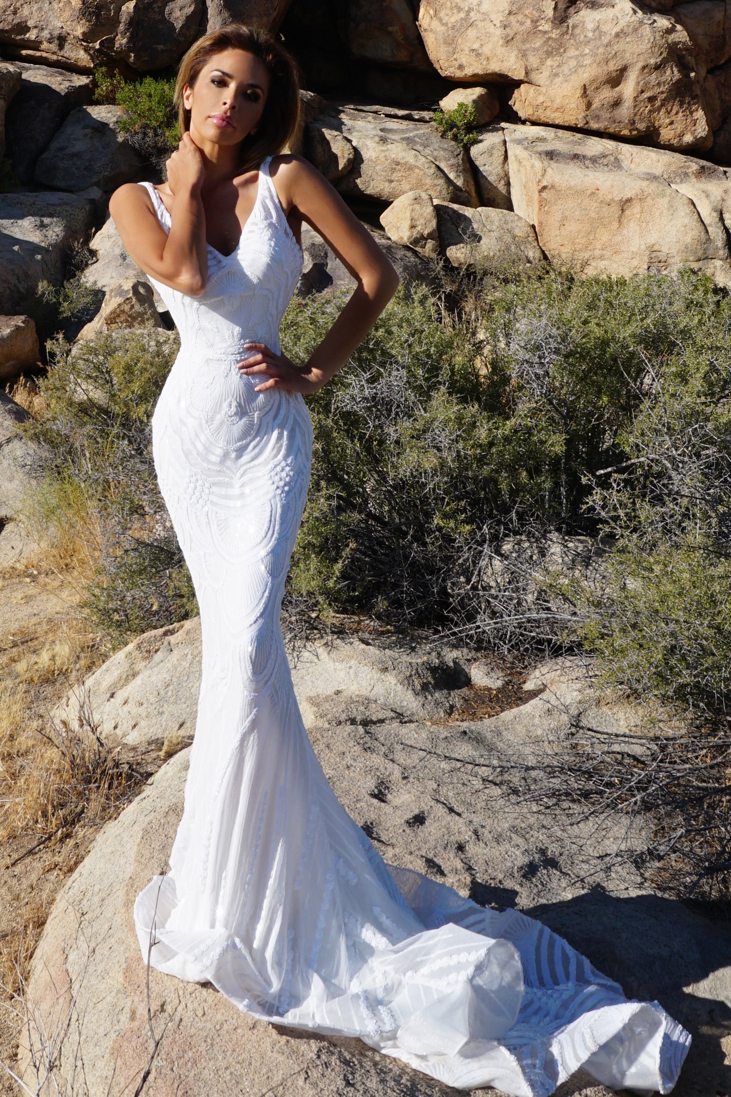 TINA HOLLY COUTURE P1732 off white sequin mermaid gown with V front, stunning fabric. Formal dress, Brisbane to Gold Coast.