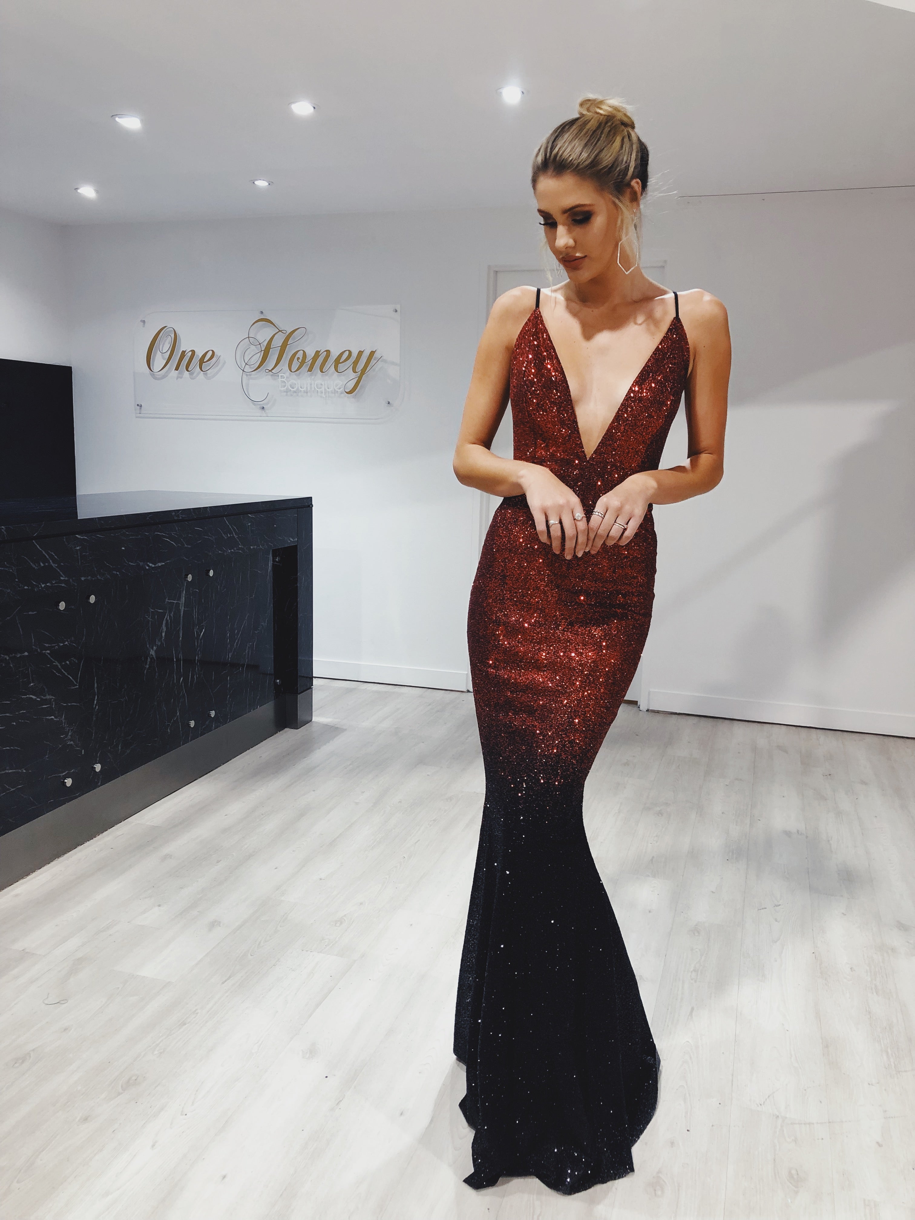 Honey Couture ELECTRA Black &amp; Red Ombre Glitter Formal Gown Dress {vendor} AfterPay Humm ZipPay LayBuy Sezzle