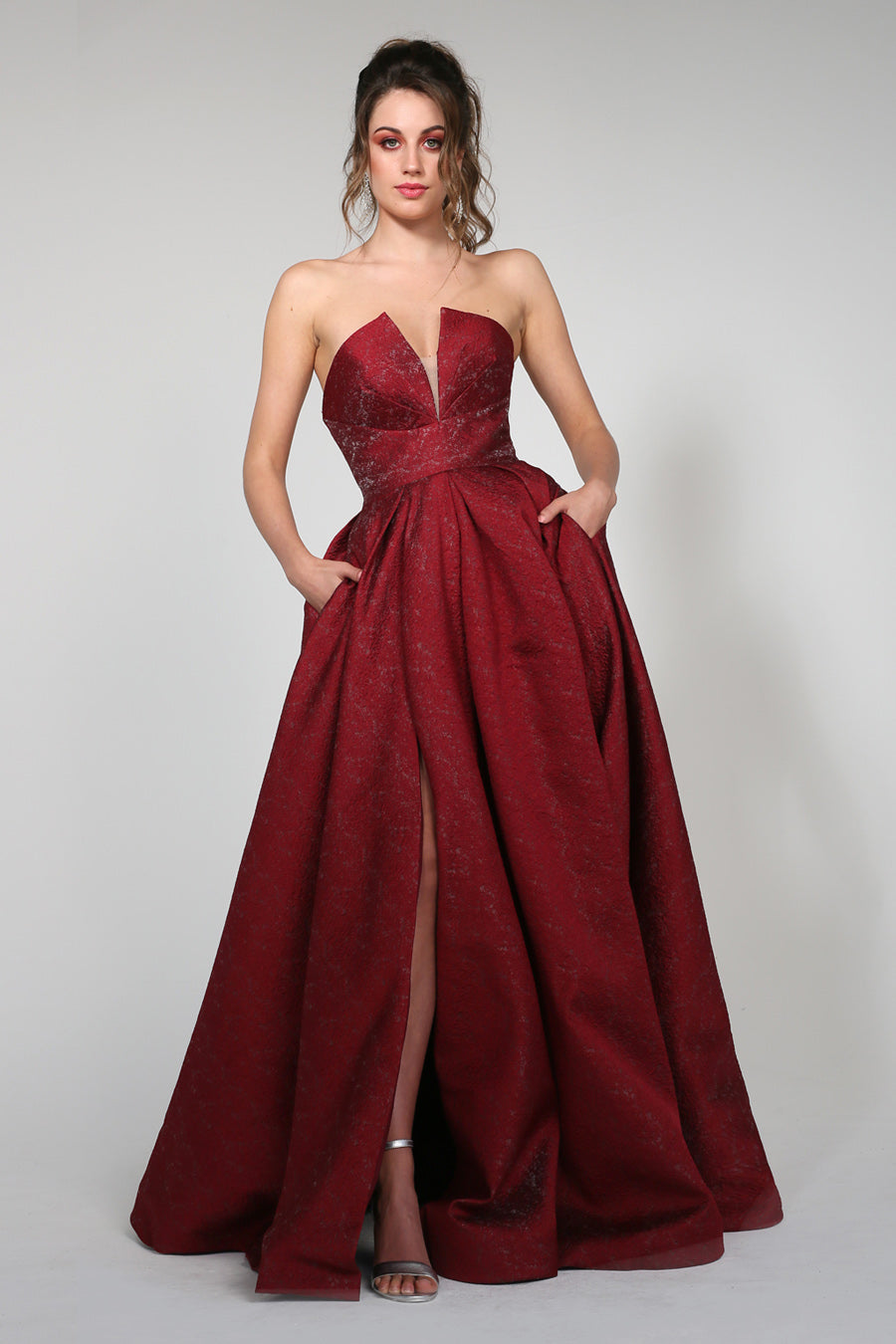 TINA HOLLY COUTURE TA611B Wine Strapless Ball Gown with High Slit, School Formal Dress Brisbane to Gold Coast Australia