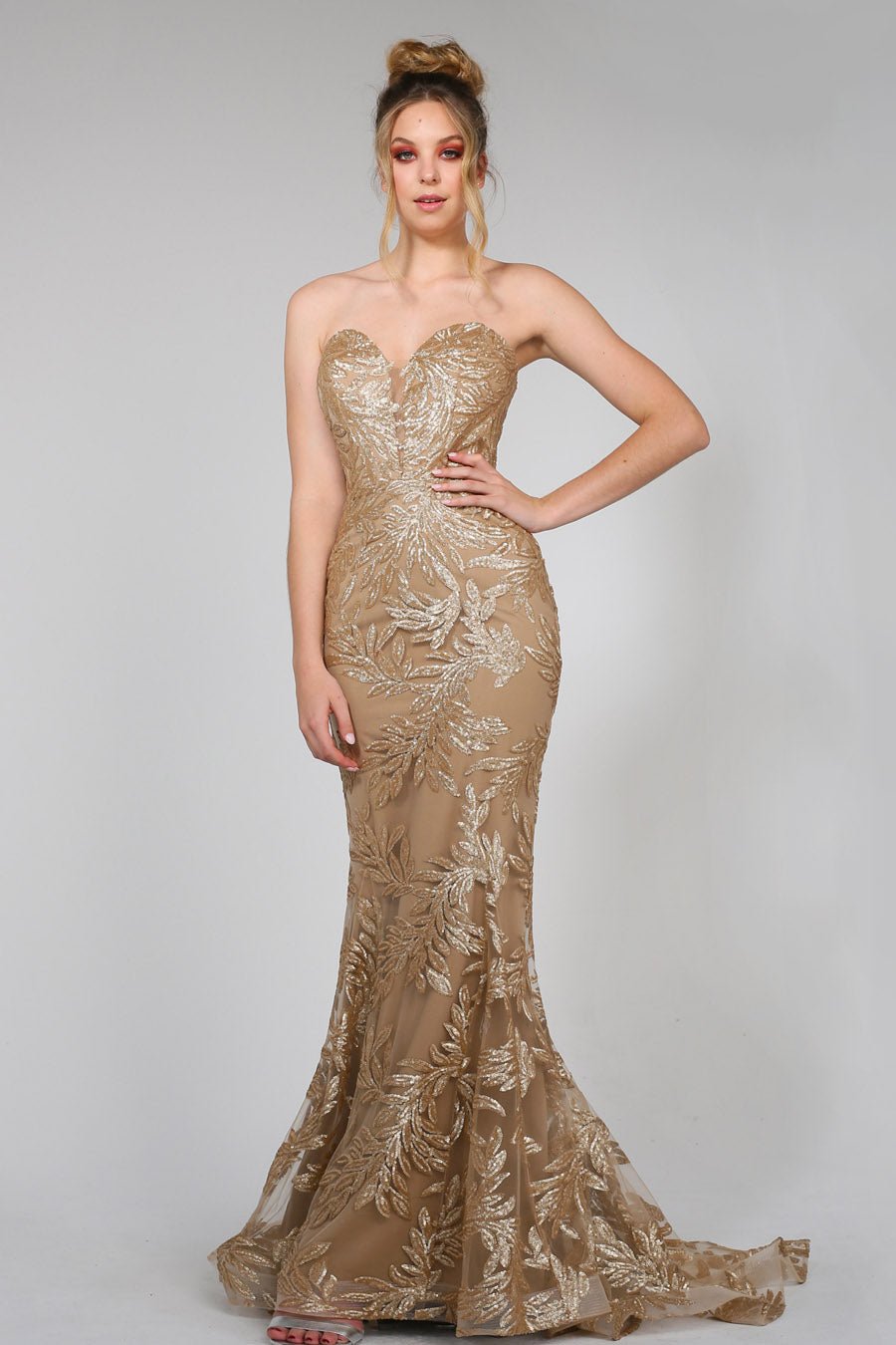 Tina Holly Couture TA107 Gold Sequin & Mesh Strapless Mermaid Formal Dress in Australia | One Honey Boutique