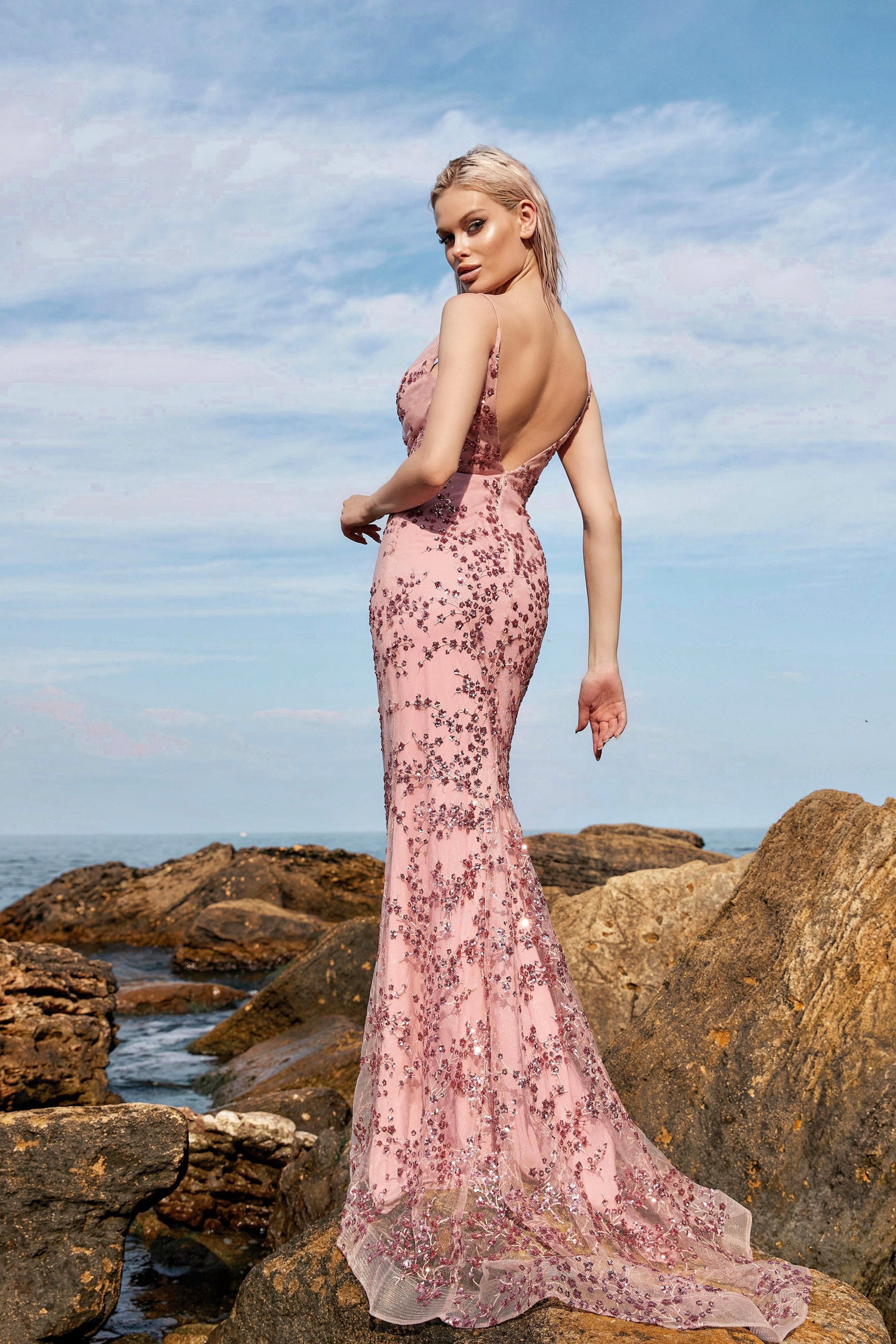 Tina Holly Couture Designer TW049 Tea Rose Pink Beaded Sequin Mermaid Formal Gown