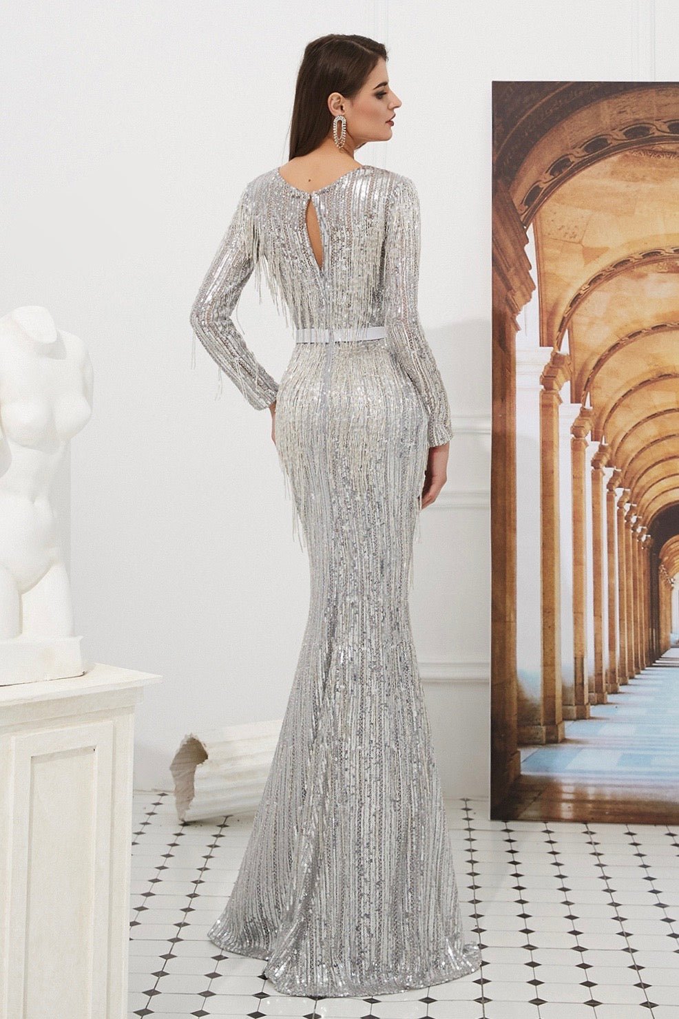 LOLA Silver Heavy Beaded Mesh Insert Long Sleeve Formal Gown Dress in Australia | One Honey Boutique