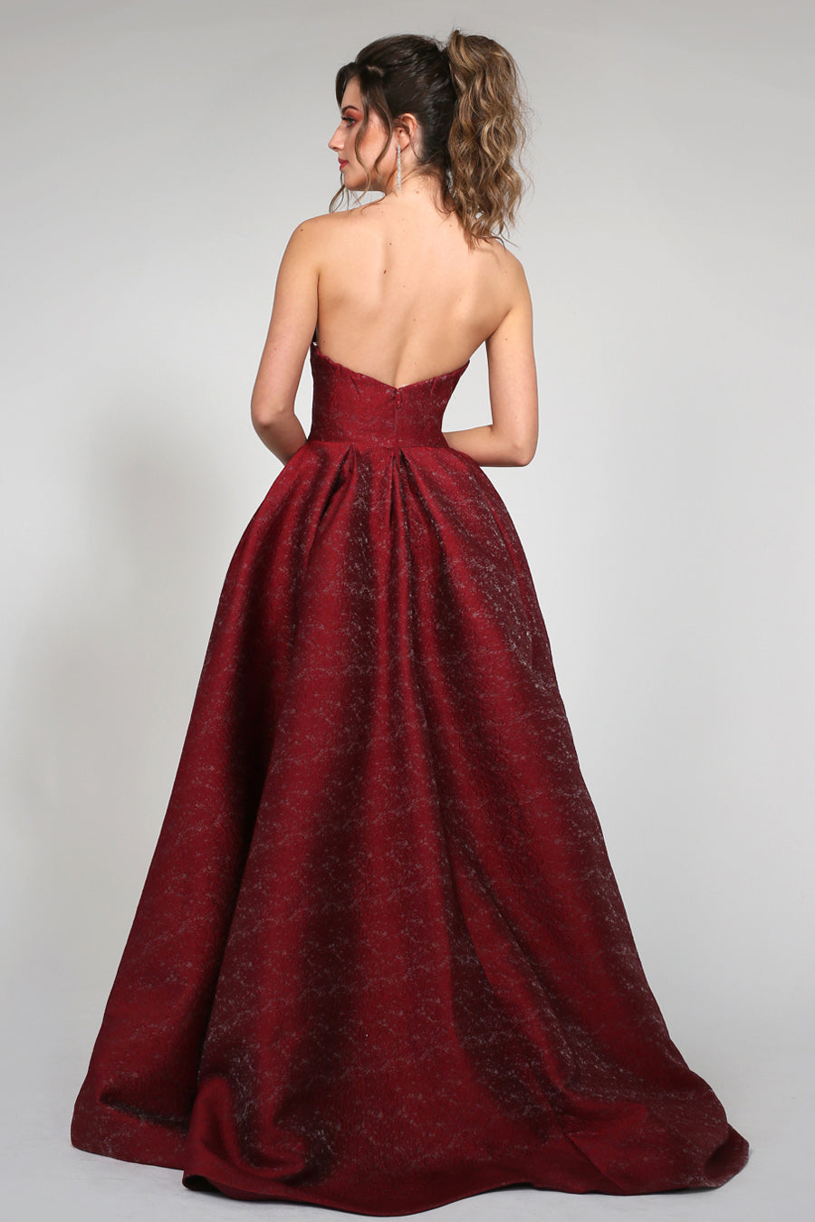 TINA HOLLY COUTURE TA611B strapless wine ball gown with textured fabric, formal dress Brisbane to Gold Coast Australia