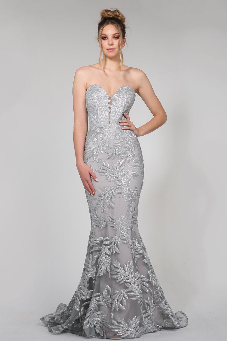 silver strapless mermaid dress Tina Holly Couture TA107 Silver Sequin & Mesh Strapless Mermaid Formal Dress Silver / 20 AUS