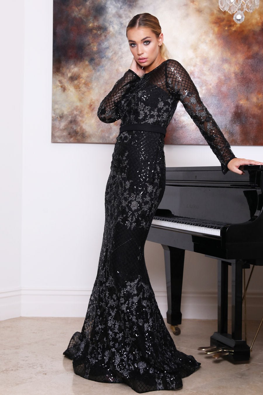 Tina Holly Couture TA139 Navy Blue Sequin Long Sleeve Mermaid Formal Dress in Australia | One Honey Boutique