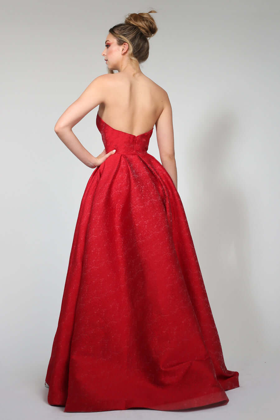 TINA HOLLY COUTURE TA611B red strapless ball gown with textured fabric, school formal dress, Brisbane to Gold Coast, Australia