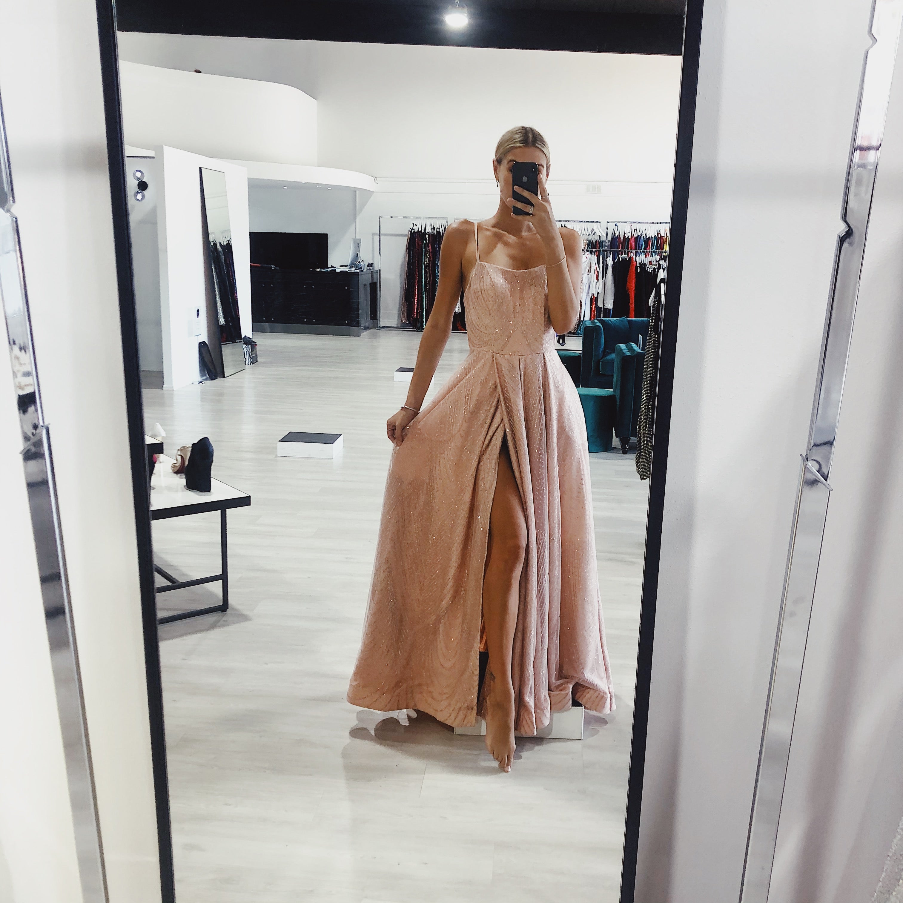 TINA HOLLY COUTURE T18262 Rose Pink Glitter Ball Gown with side slit, formal dress. Perfect for prom. Brisbane to Gold Coast, Australia.