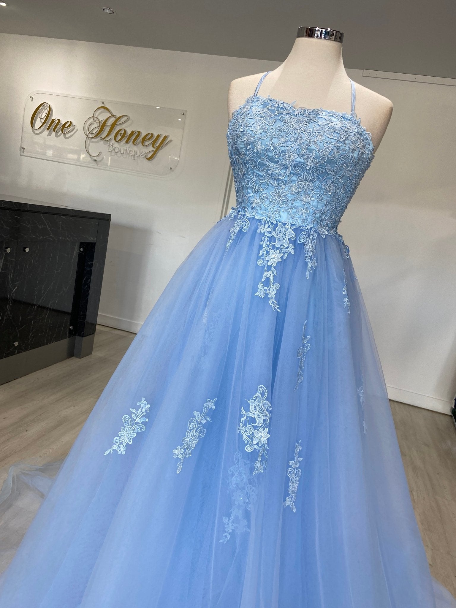 Honey Couture FREYA Beaded Applique Corset Lace Up Back Tulle Skirt Formal Dress in Australia | One Honey Boutique