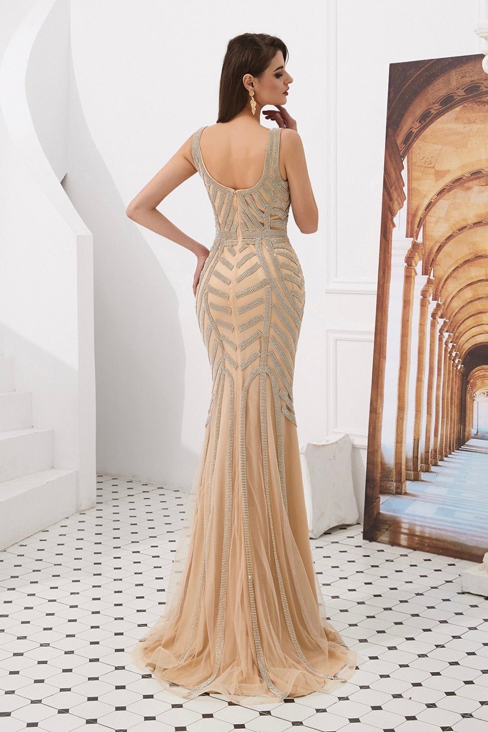 Honey Couture DIAMONDS 2.0 Thick Strap Gold Diamante Sequin Formal Gown in Australia | One Honey Boutique