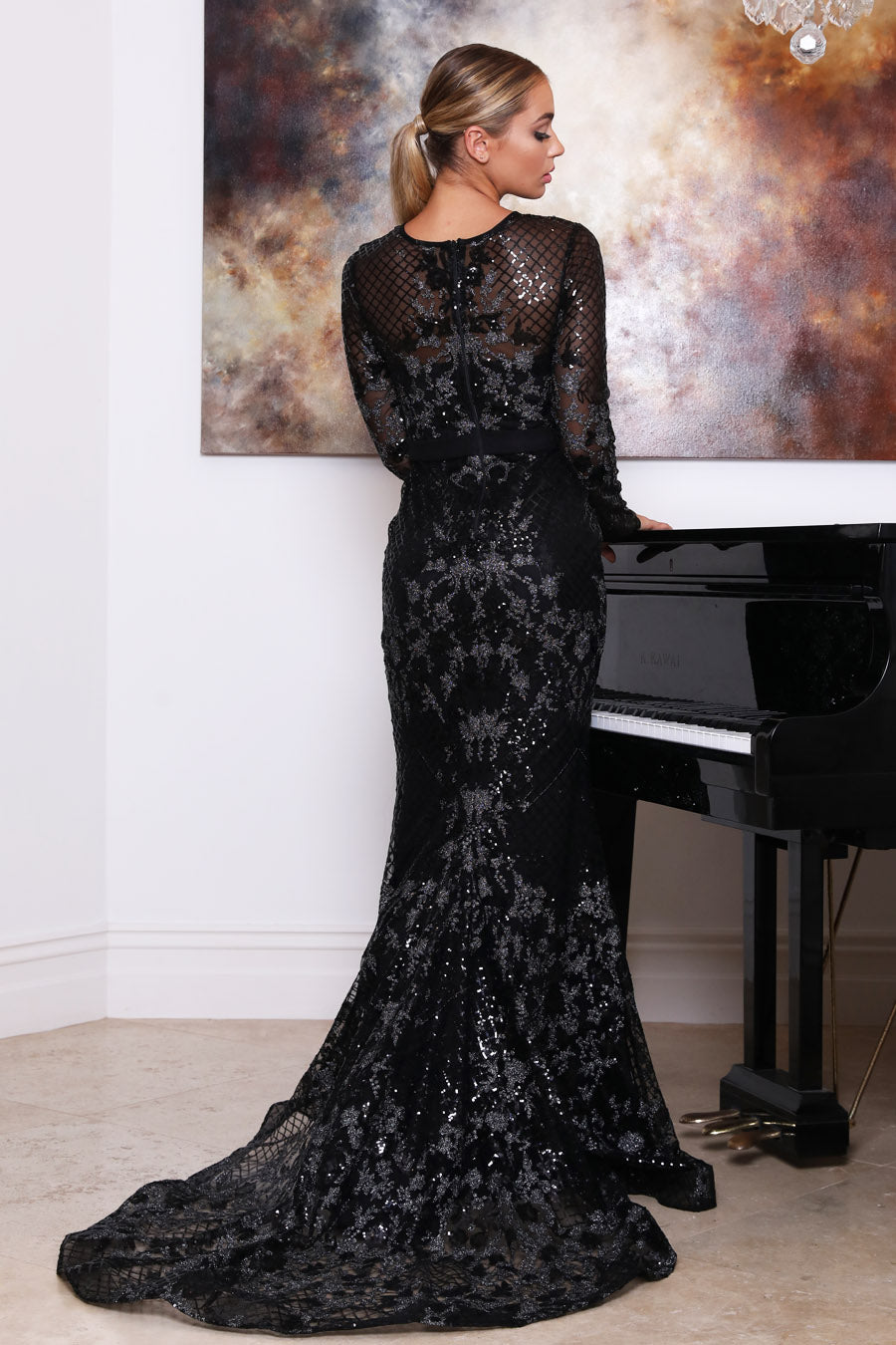 TINA HOLLY COUTURE TA139 sequin long sleeve mermaid formal dress, glamorous back detail, perfect for formal events from Brisbane to Gold Coast.