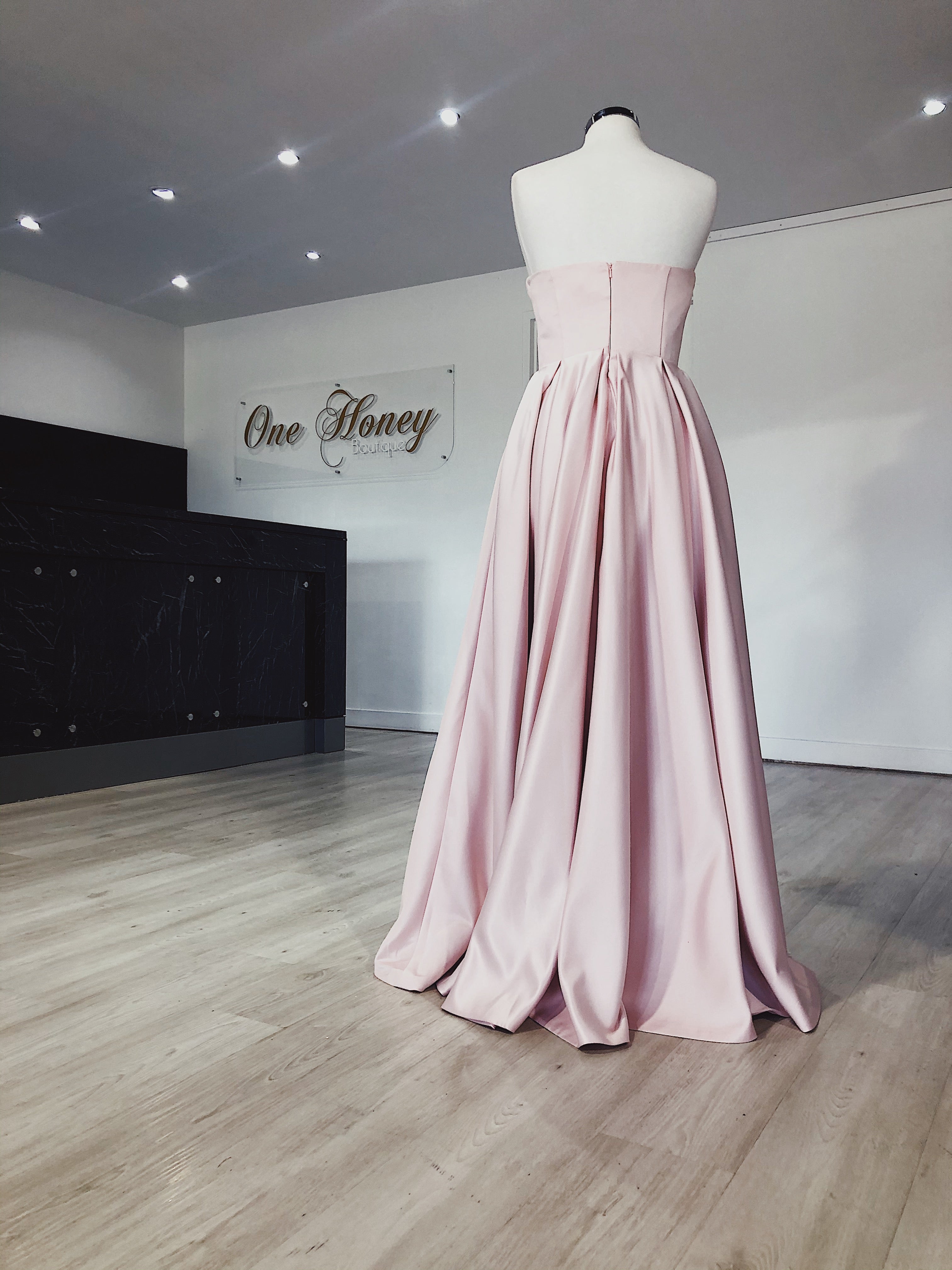 Back view of Honey Couture LAYLAH formal gown in light pink, featuring elegant design by Australian designer for prom or evening events.