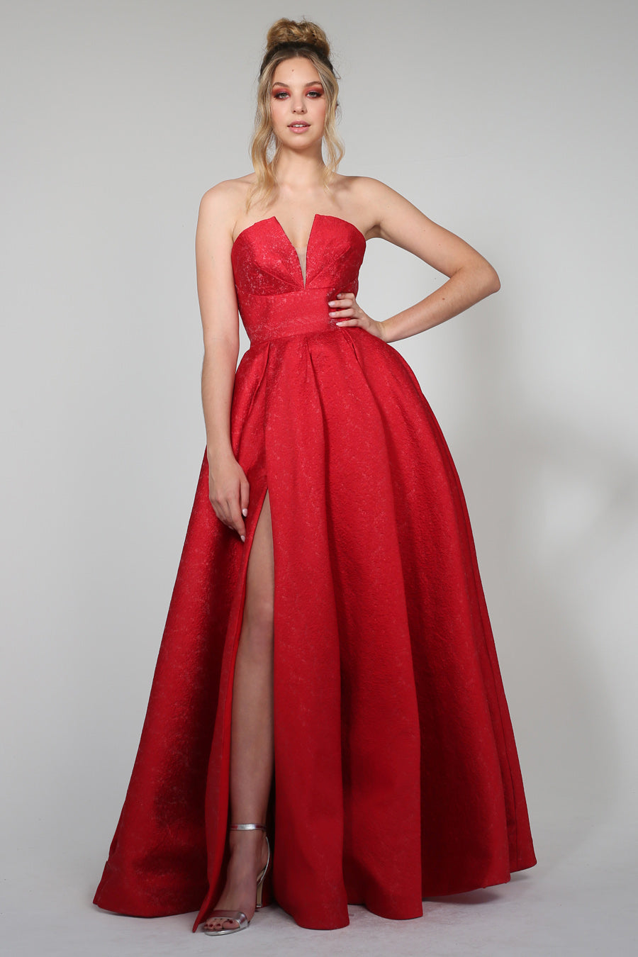 TINA HOLLY COUTURE TA611B red strapless ball gown with high slit, perfect formal dress Brisbane to Gold Coast, Australia