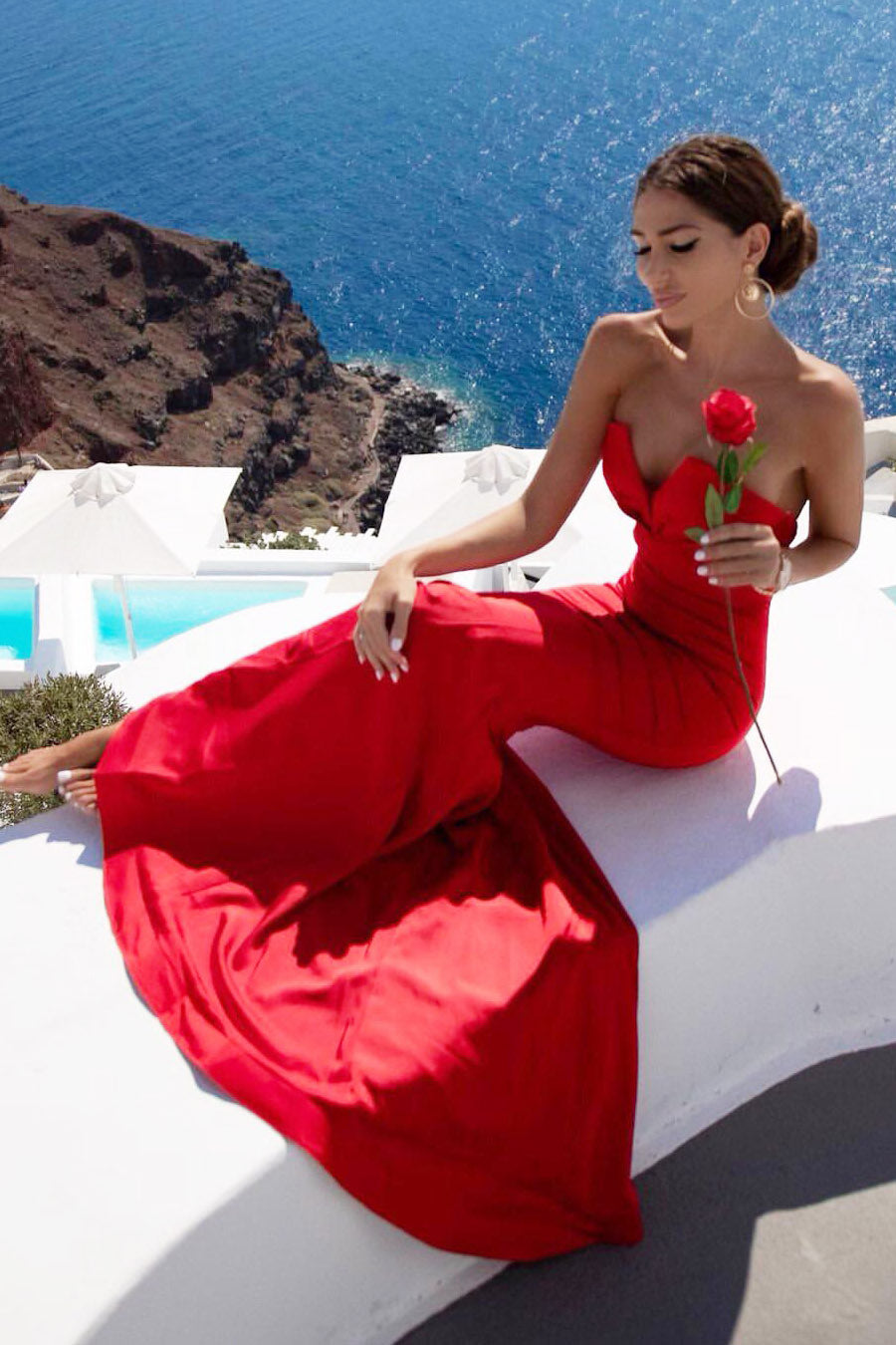 TINA HOLLY COUTURE BA651 red mermaid formal dress, strapless satin, Brisbane to Gold Coast, Australia