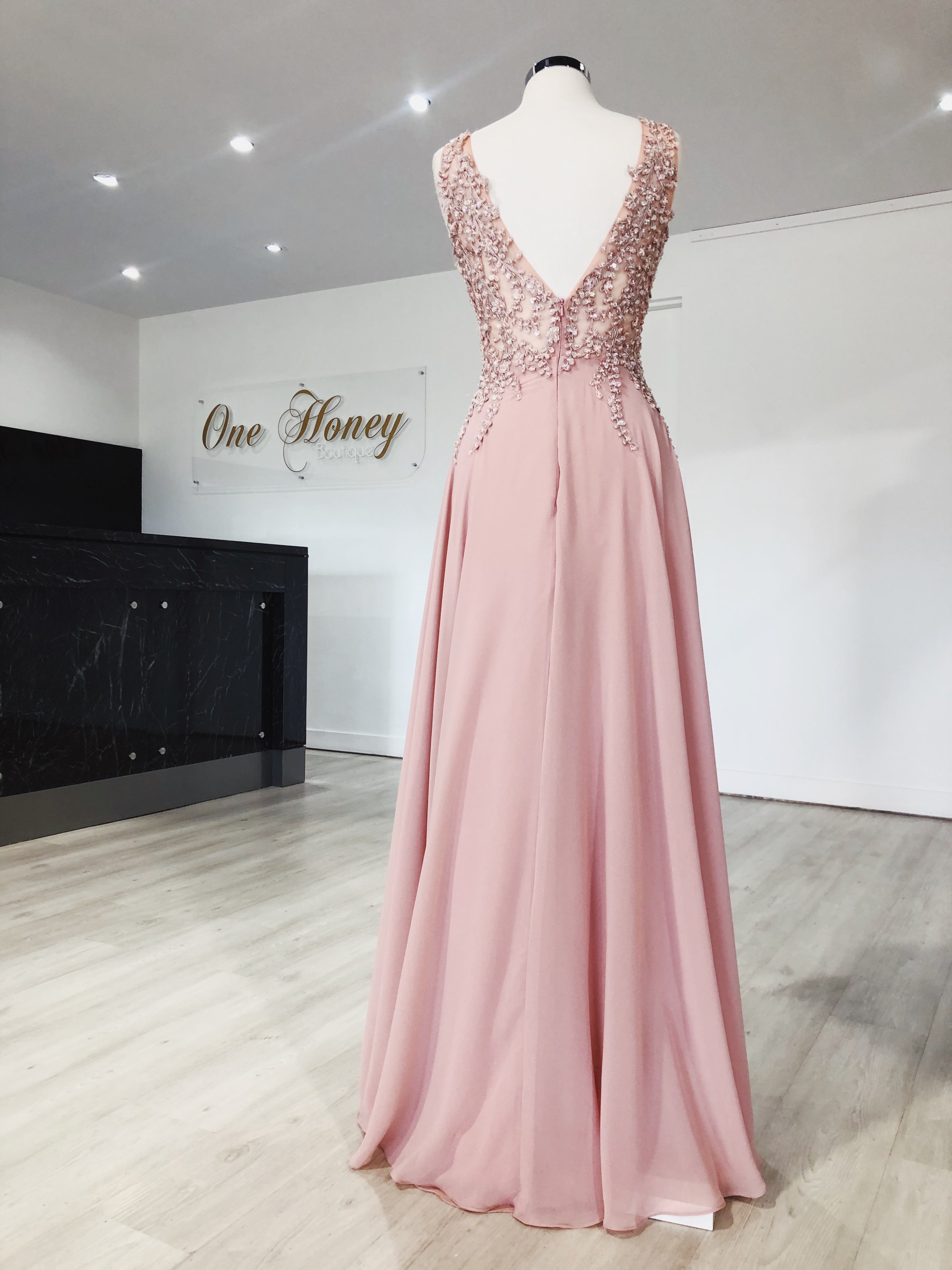 Back view of Honey Couture ALICIA formal dress in pink with lace beaded applique bodice and chiffon skirt, from Australian Designer.