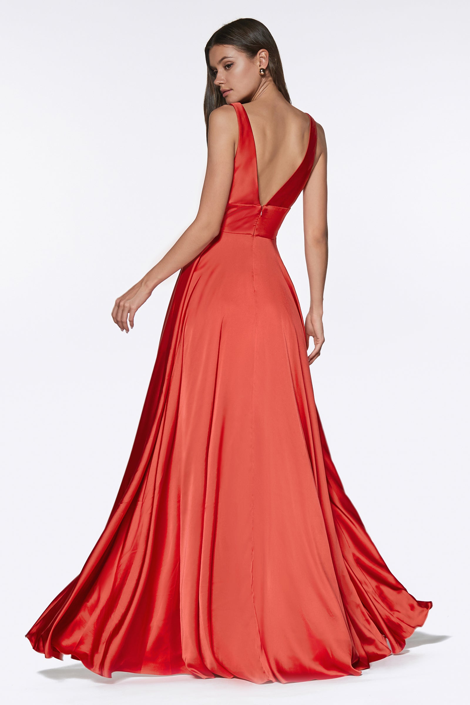 NELLIE silky A-line bridesmaid dress with a deep V back, flowing satin finish, evening gown style, Brisbane to Gold Coast.