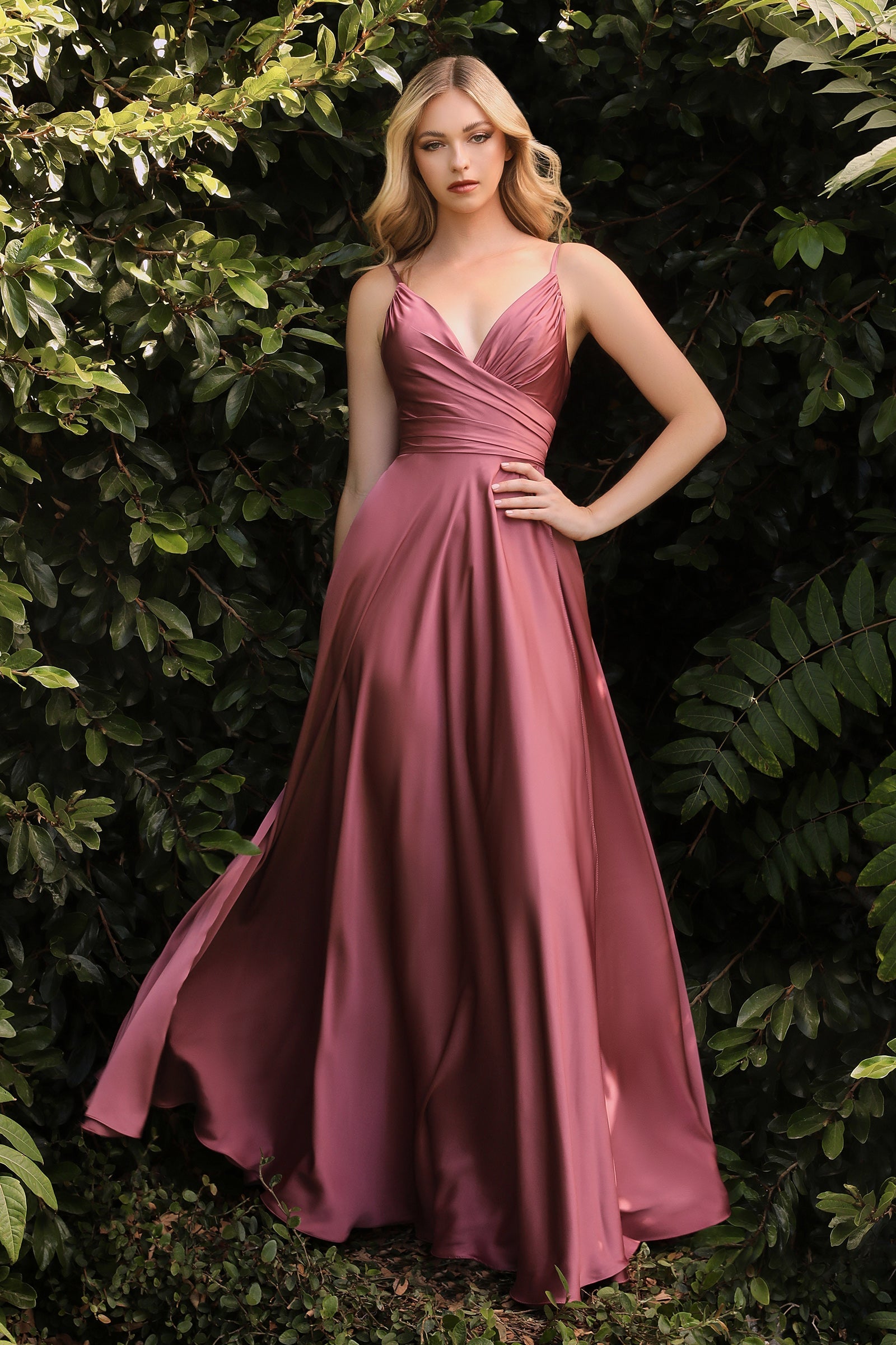 SIMONA Ruched Waist Leg Split Silky Bridesmaid Dress with V-neckline, evening gown. Brisbane to Gold Coast, Australia.