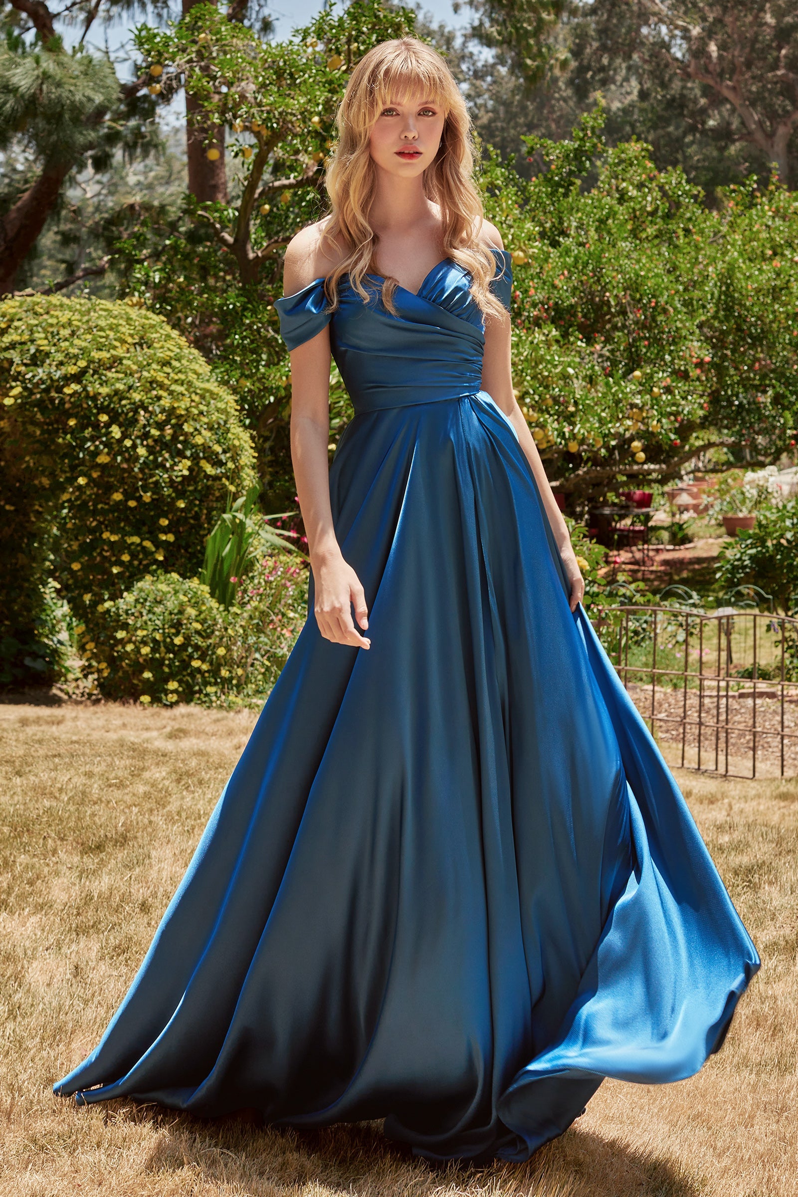 AURA Off the Shoulder A-Line Bridesmaid Formal Dress with silky blue fabric and romantic off-shoulder design. Brisbane to Gold Coast.