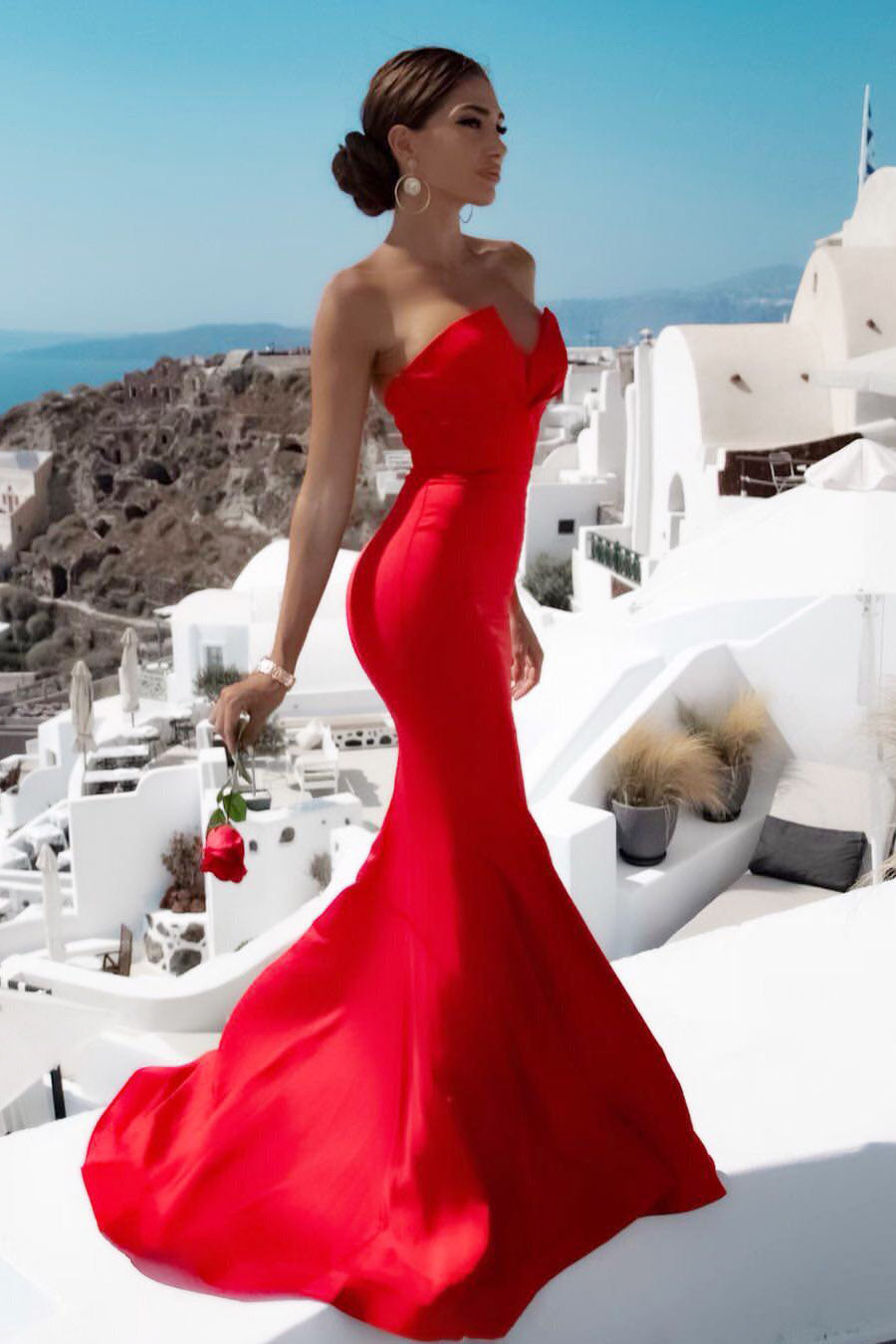 TINA HOLLY COUTURE BA651 Red Satin Strapless Mermaid School Formal Dress, side view, Brisbane to Gold Coast