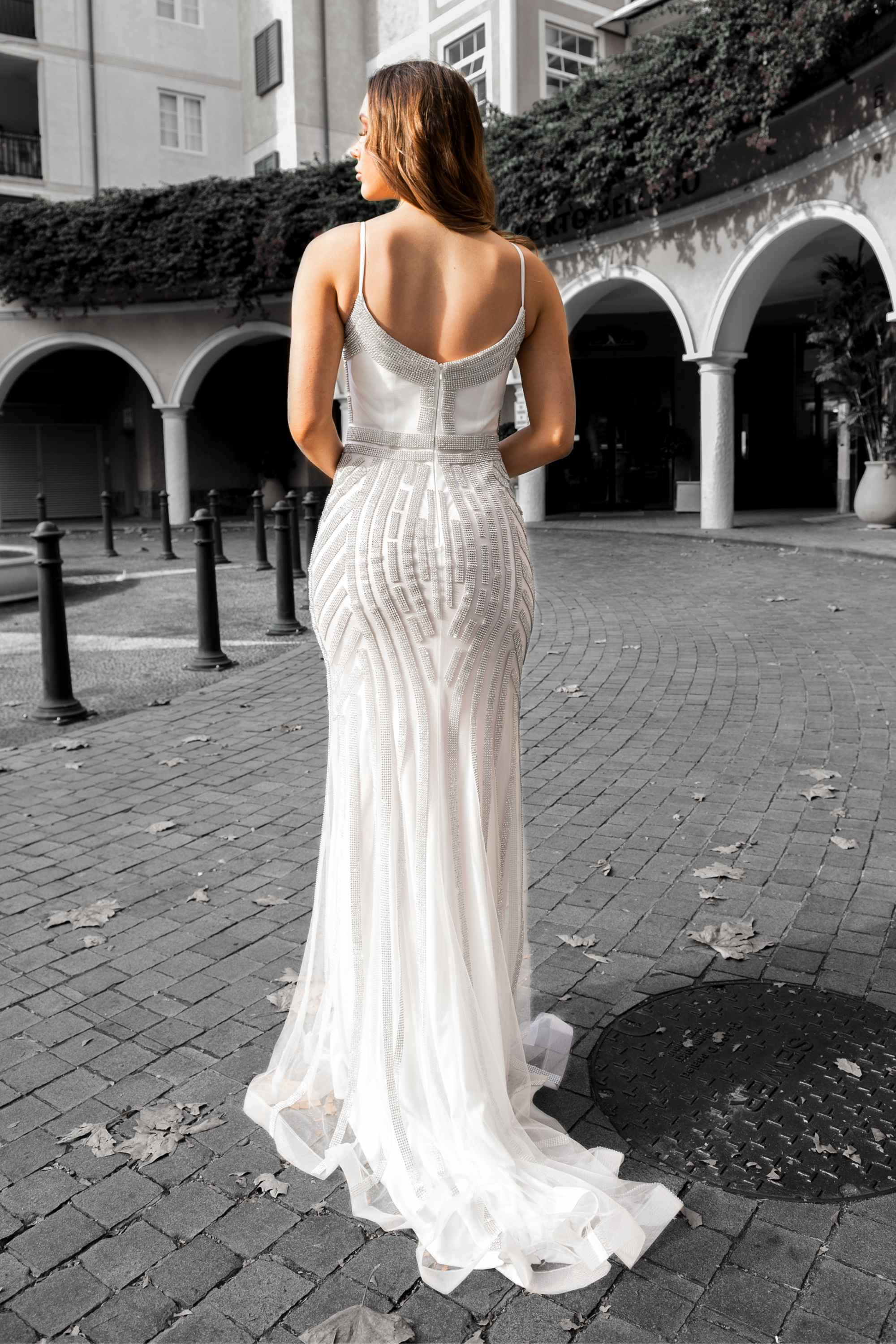 Back view of Honey Couture DIAMONDS white sequin mermaid gown, Australian designer, perfect for weddings, evening, prom. Affordable luxury.