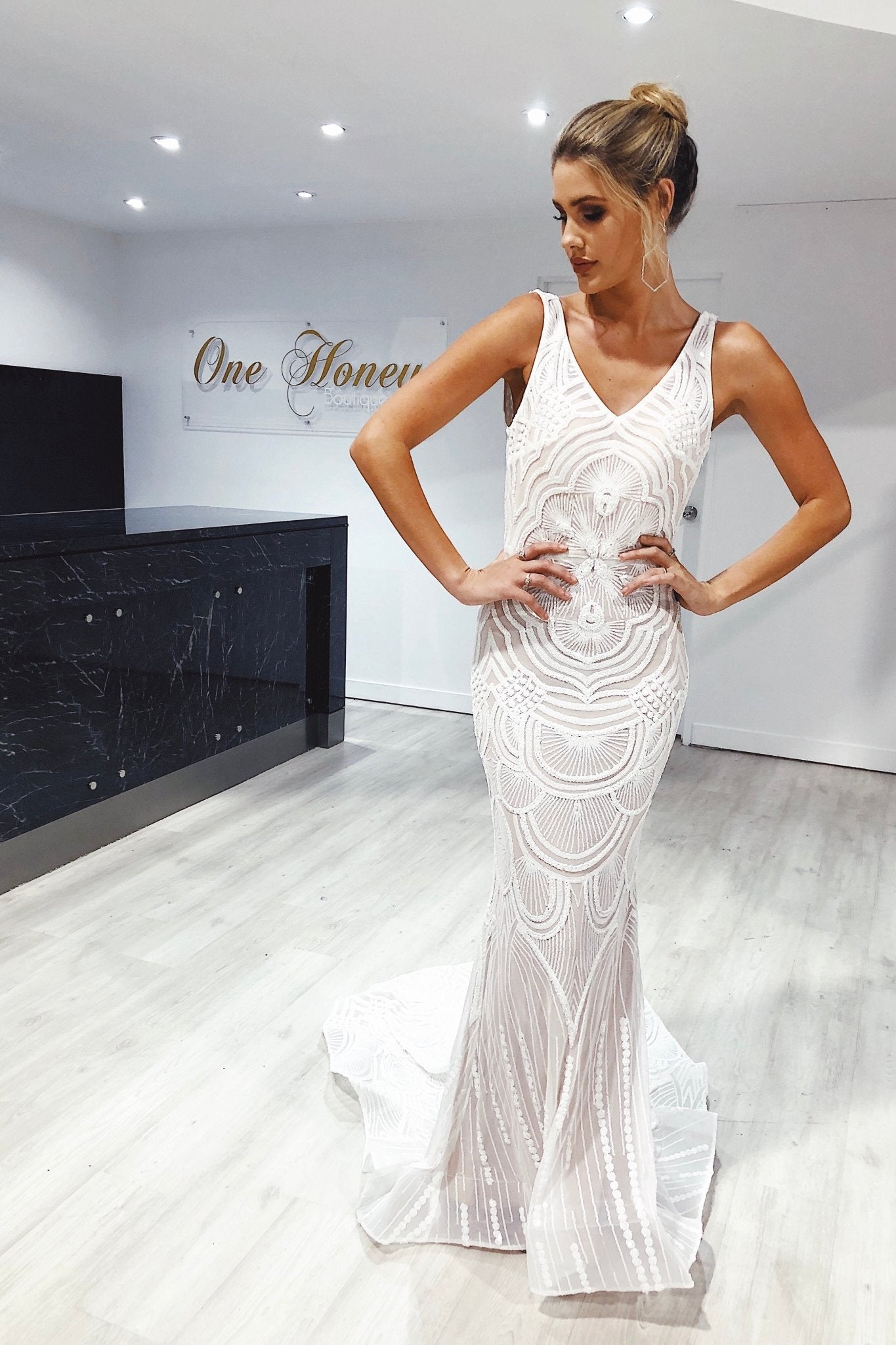 Tina Holly Couture Picasso P1732 White & Nude Sequin Mermaid Formal Gown Dress in Australia | One Honey Boutique