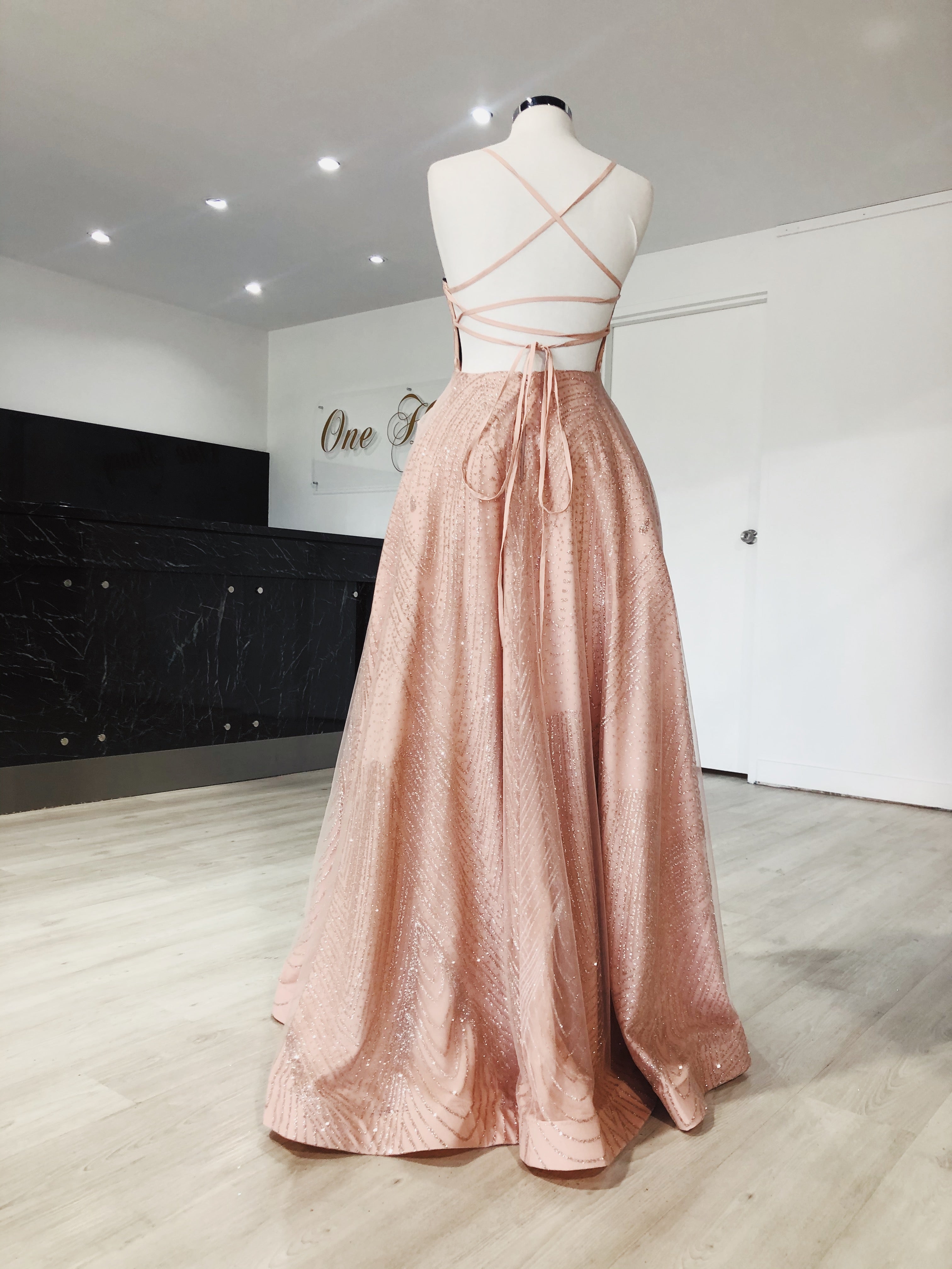 TINA HOLLY COUTURE T18262 rose pink glitter ball gown with open back and spaghetti straps, formal dress for prom, Brisbane to Gold Coast
