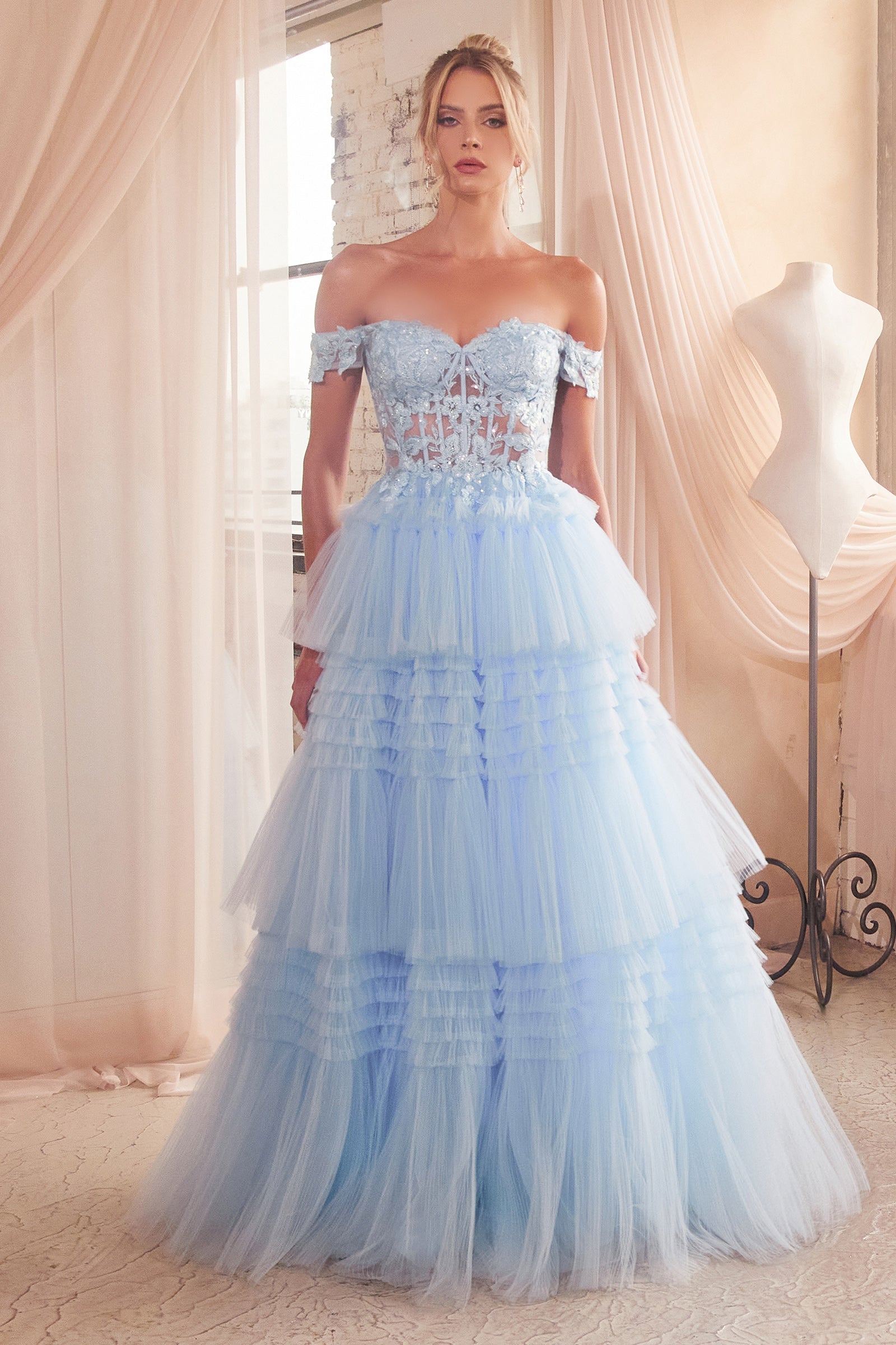 LISTARI waterfall off-shoulder ball gown with lace-appliqued sheer bodice, perfect prom dress from Brisbane to Gold Coast.